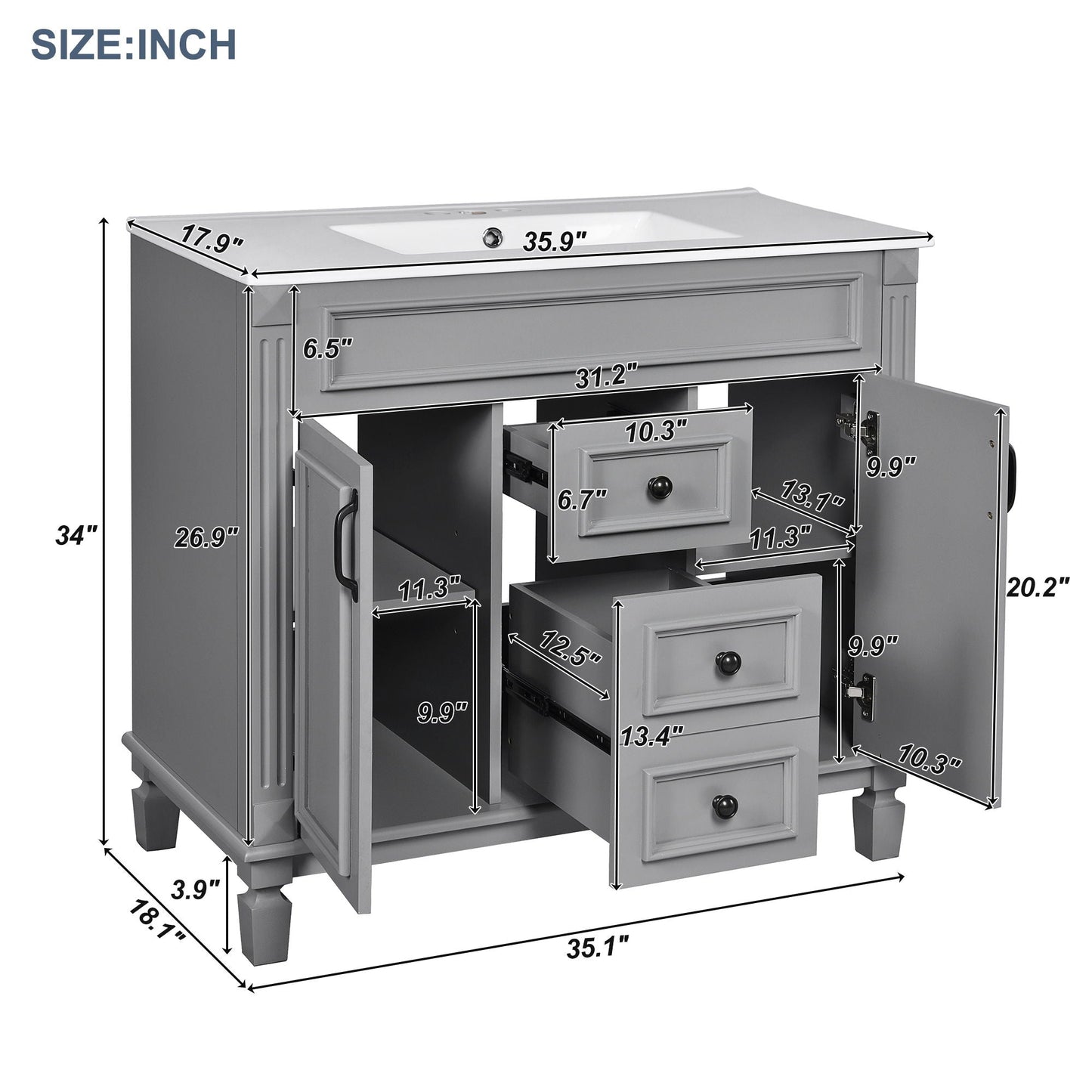 Bathroom Vanity With Top Sink, Mirror Cabinet, 2 Soft Closing Doors & 2 Drawers