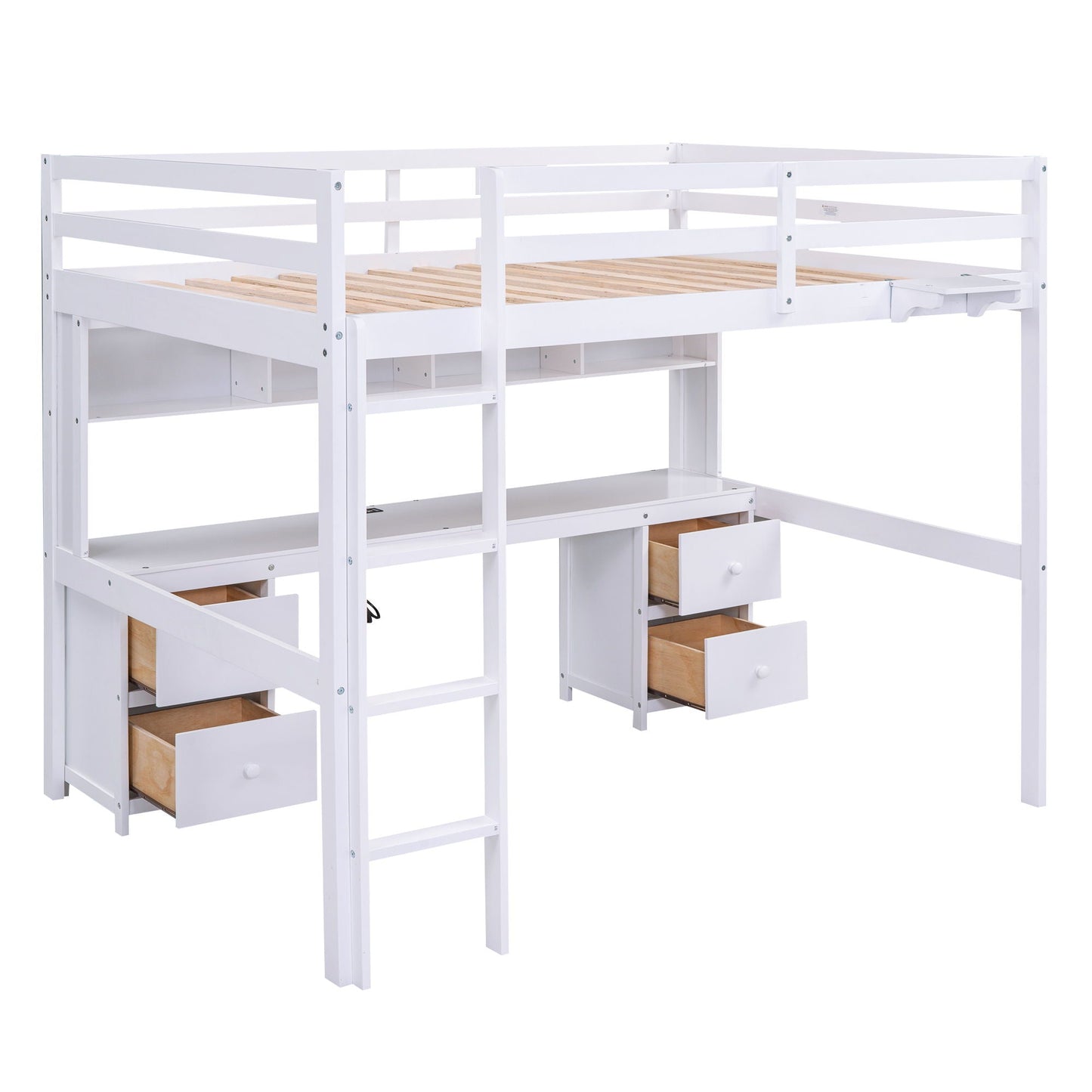 Loft Bed With Desk, Cabinets, Drawers, Charging Station And Bedside Tray
