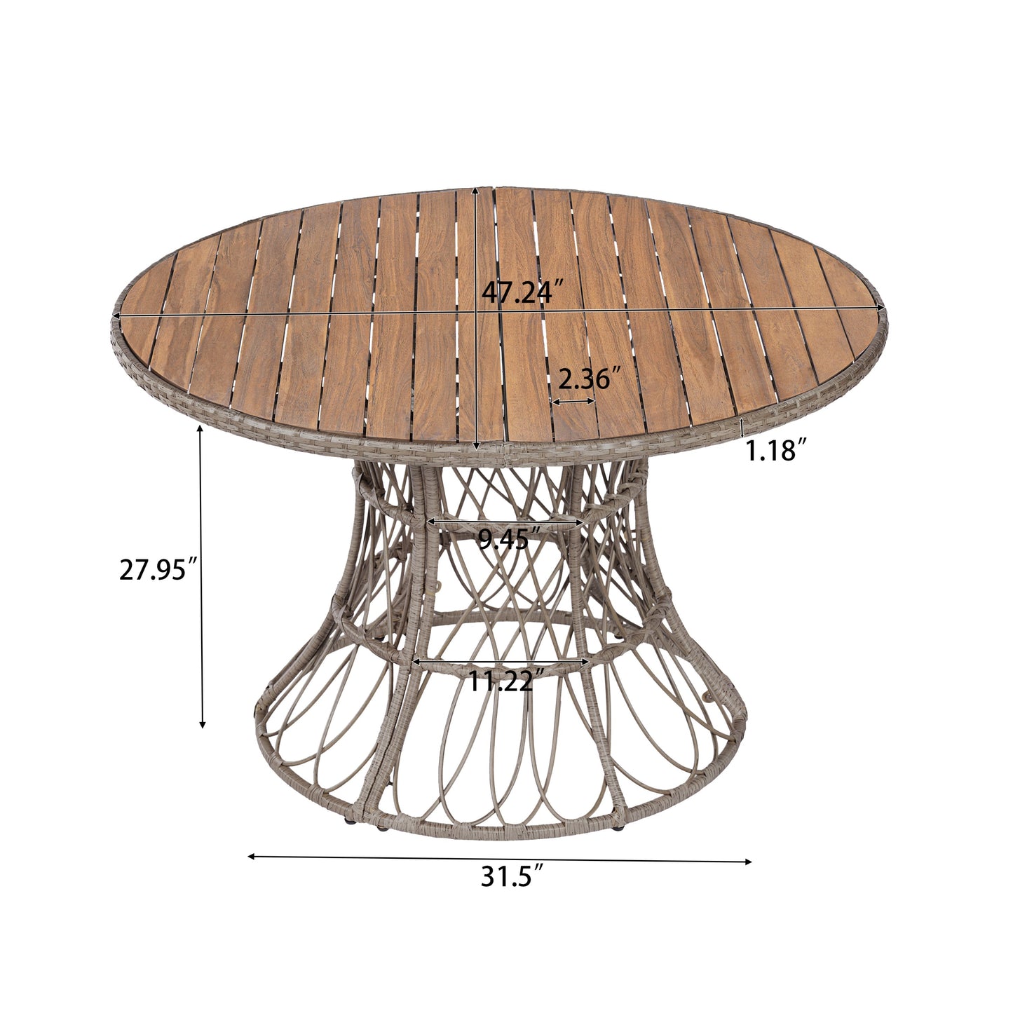 5-Piece Outdoor Dining Set: Brown Round Acacia Wood Table & 4 Brown Wicker Armchairs