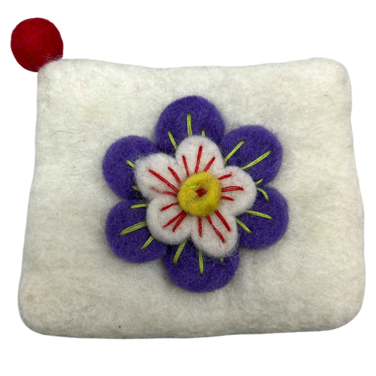 Felt Wool White Coin Purse with Flower Applique