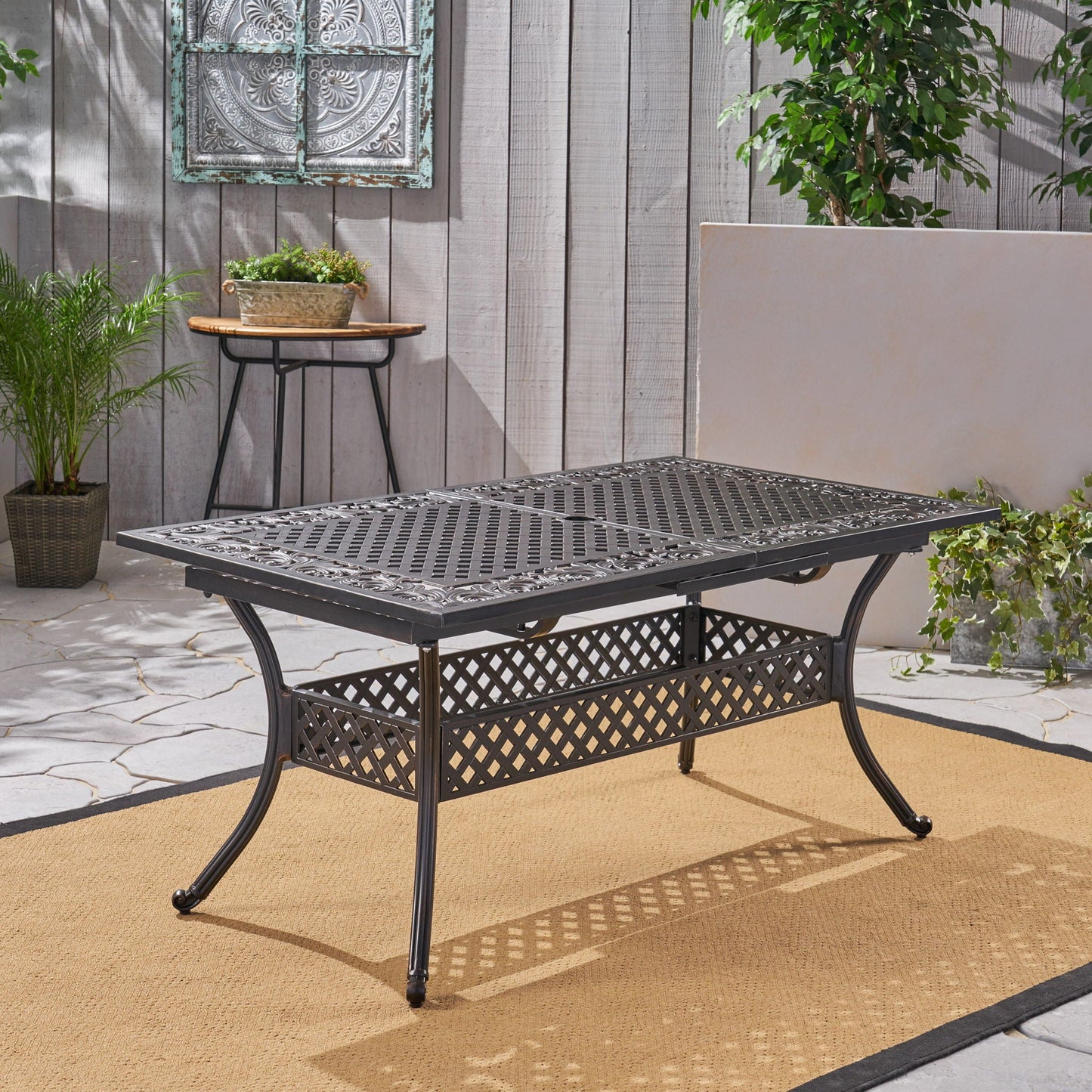 Outdoor Extendable Aluminum Dining Table With Patterned Table Top And Curved Legs - Copper