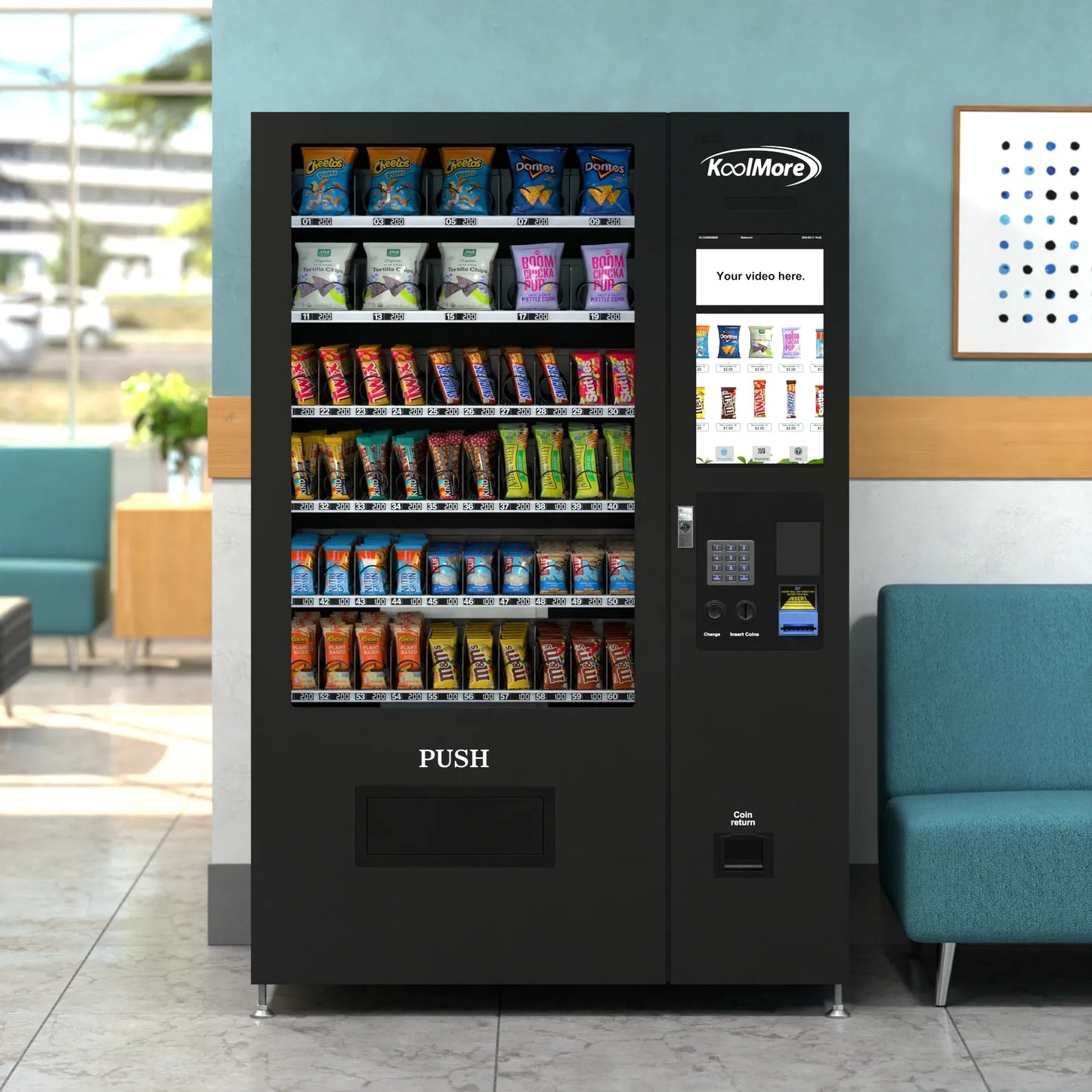 Kool More 50 in. 60-Slot Snack Vending Machine with 22-inch Touch Screen in Black, Non-Refrigerated.
