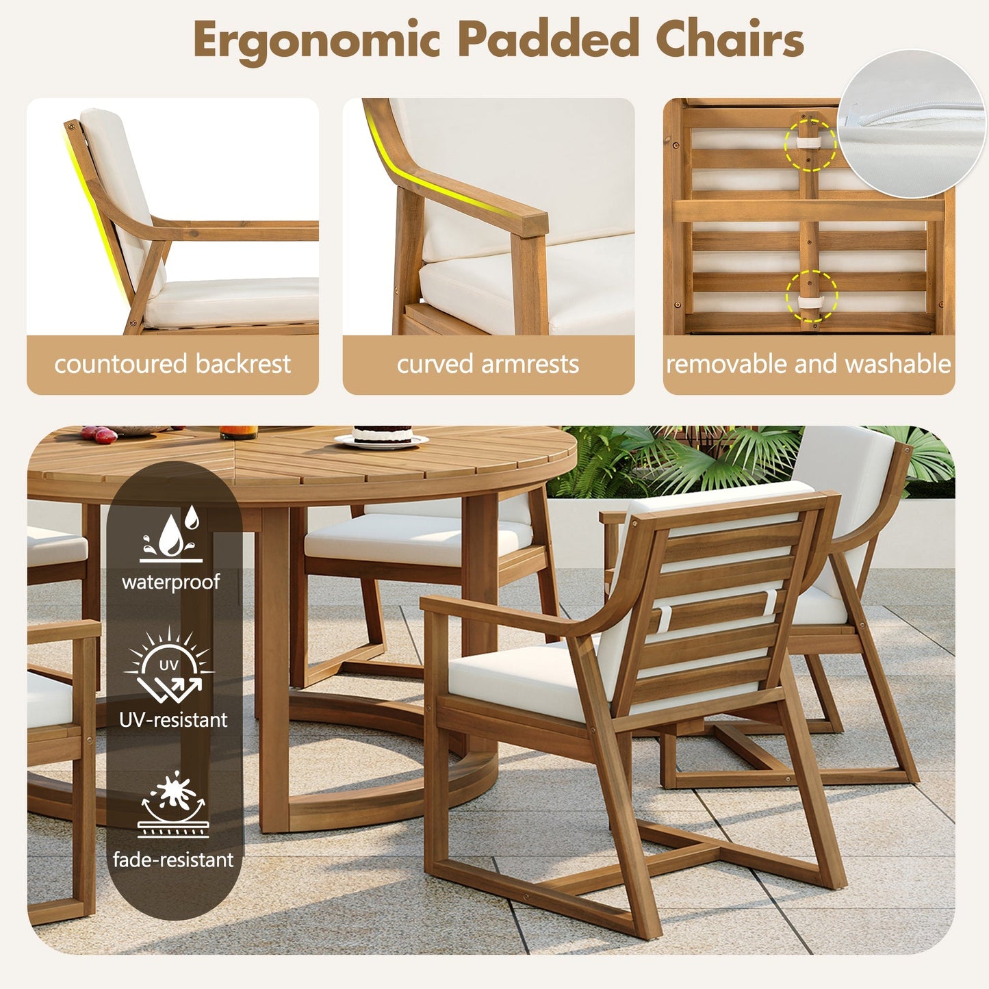 TREXM Patio Dining Chair Set of 2, Wood Outdoor Armchairs with Removable Cushions
