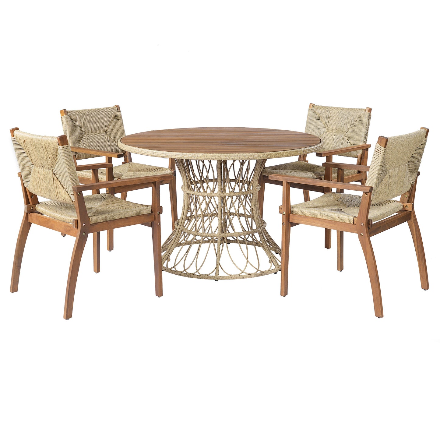 5-Piece Outdoor Dining Set: Teak Finish Round Acacia Wood Table & 4 Wicker Armchairs