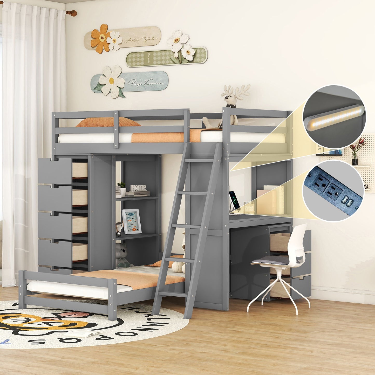 Bunk Bed With LED Light And USB Ports