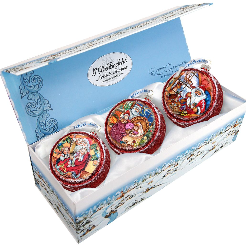 Christmas With Santa Glass Ornament Set of 3 by G. DeBrekht - Christmas Santa Snowman Decor - 73745-S3