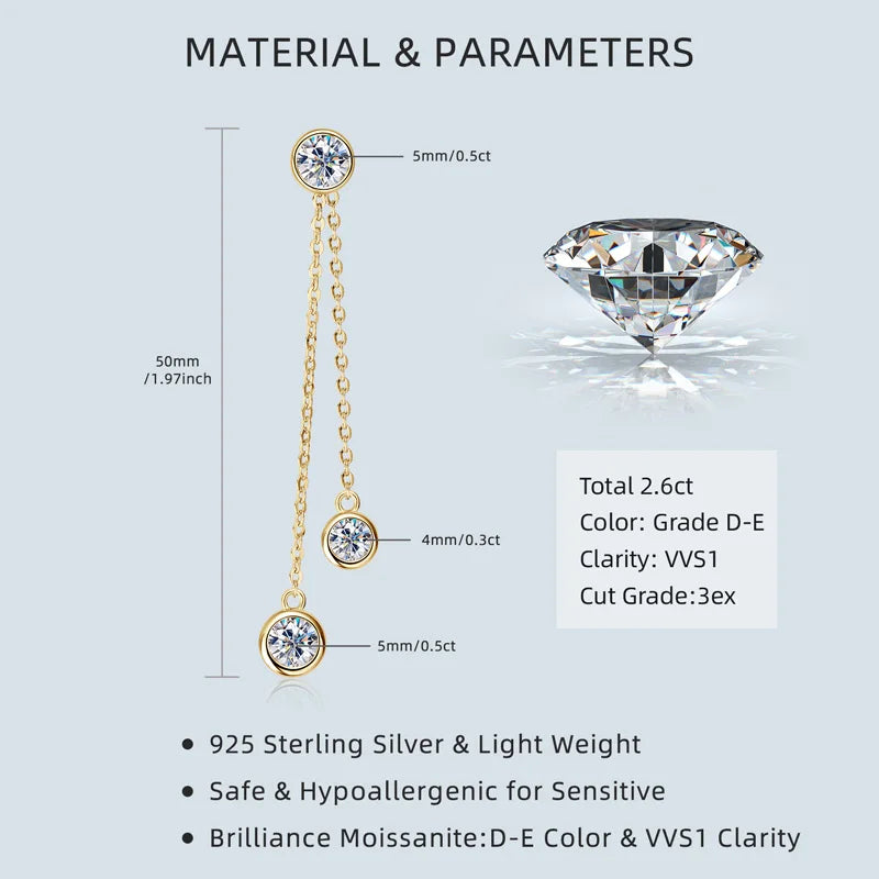 Certified Moissanite Tassel Stud Earrings 925 Sterling Silver Chain Pendant