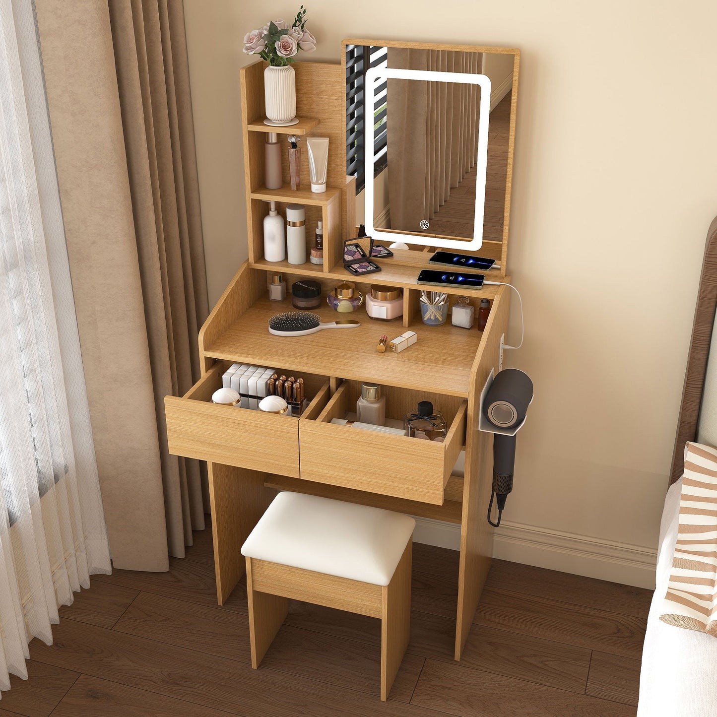 Vanity Table With LED Mirror, Power Outlet, Hairdryer Holder & Padded Stool