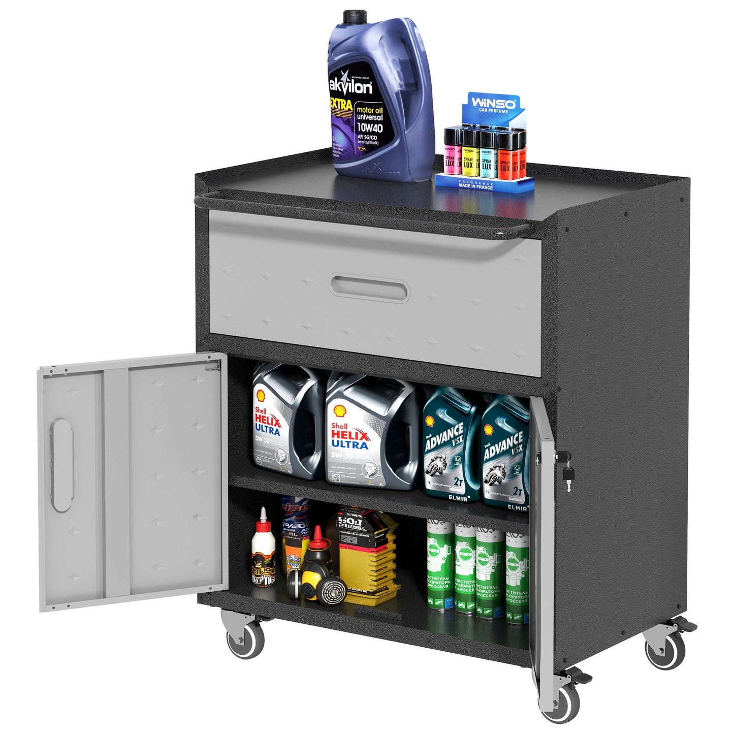 Sturdy And Durable Metal Tool Cabinet For Garage With Wheels Mobile Heavy Duty Storage Cabinet With 1 Drawer And 2 Locking Doors