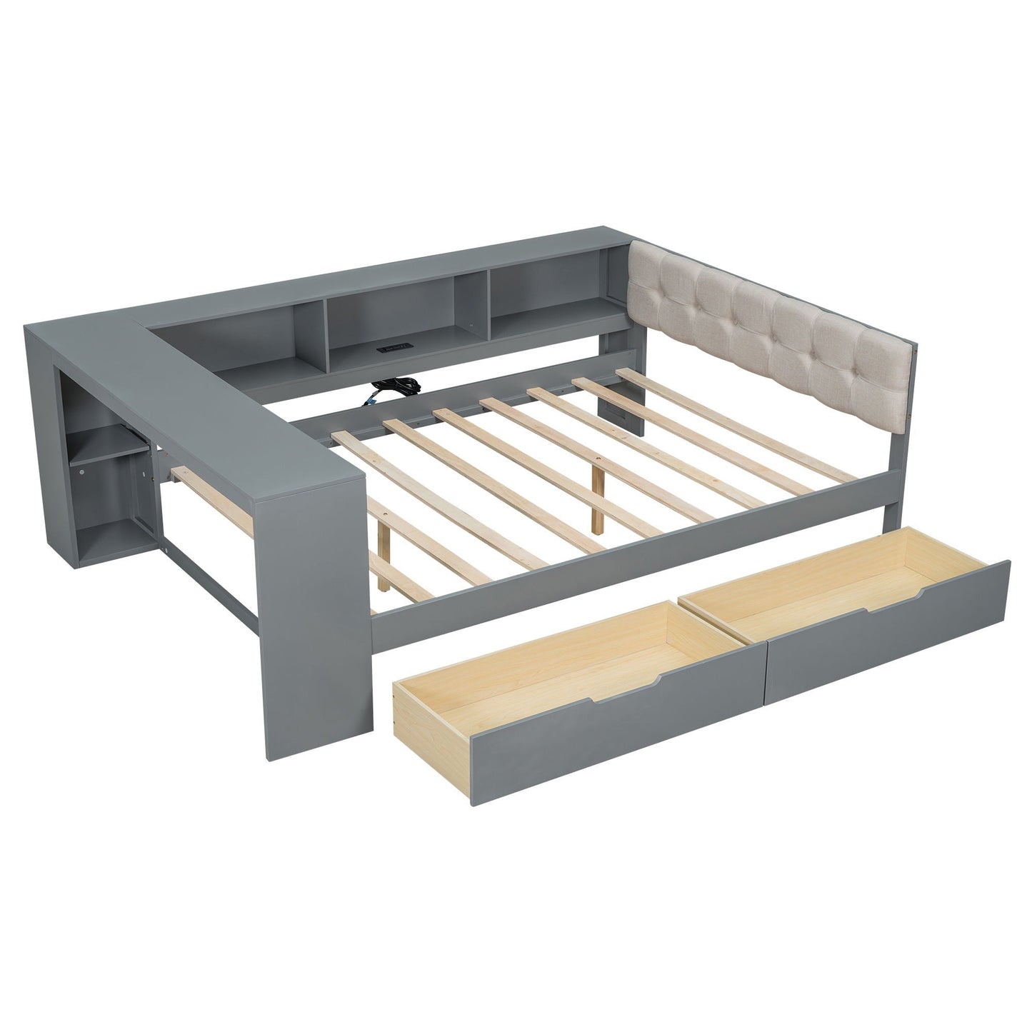 Upholstered Headboard Platform Bed With Storage Shelves, Drawers, Charging Station