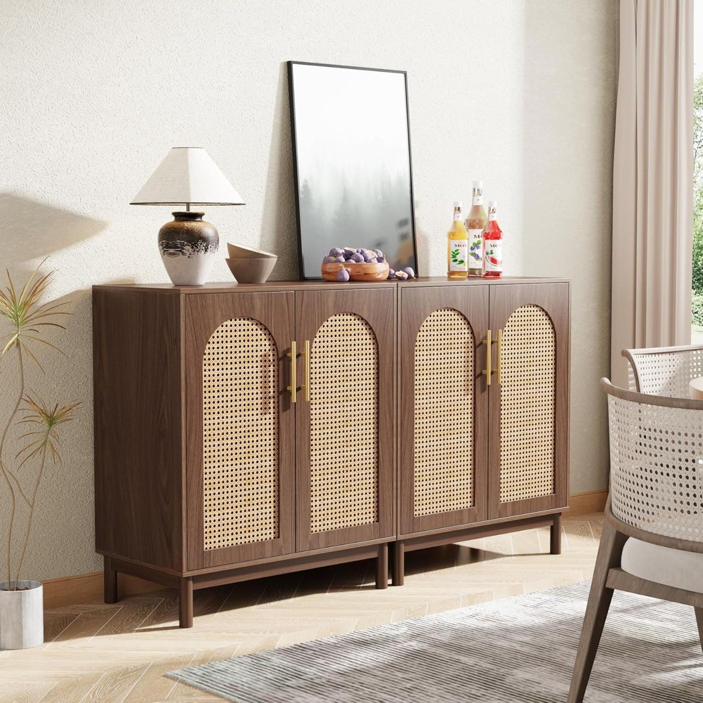Sideboard Buffet Cabinet With Handwoven Rattan Doors (Set of 2) - Dark Brown
