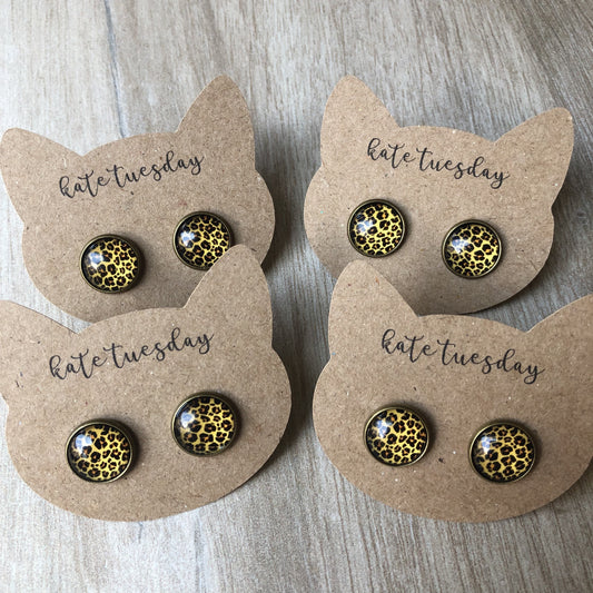 Cheetah Cat Stud Earrings Leopard Print Gold Plated