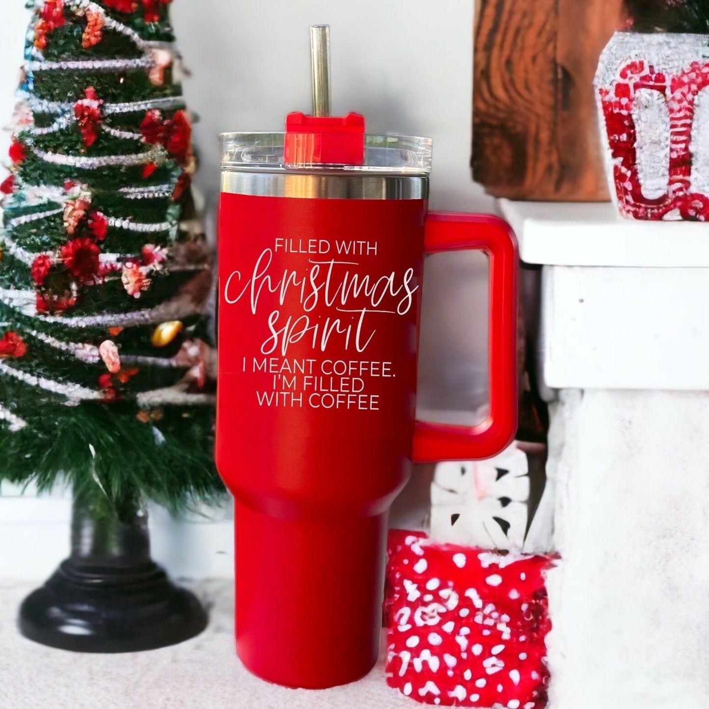 Christmas 40oz Insulated Tumbler Cup With Handle, Lid and Straw - Coffee Mug