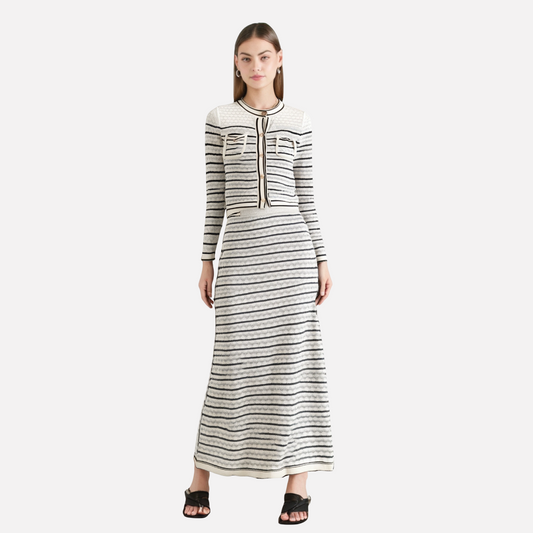 Color blocking striped women's knitted sweater top+striped hollow knitted skirt set for women