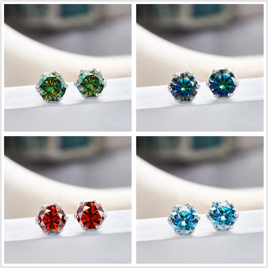 Pink Royal Blue Moissanite Stud Earrings S925 Sterling Silver 0.5 1 2 Ct Bride