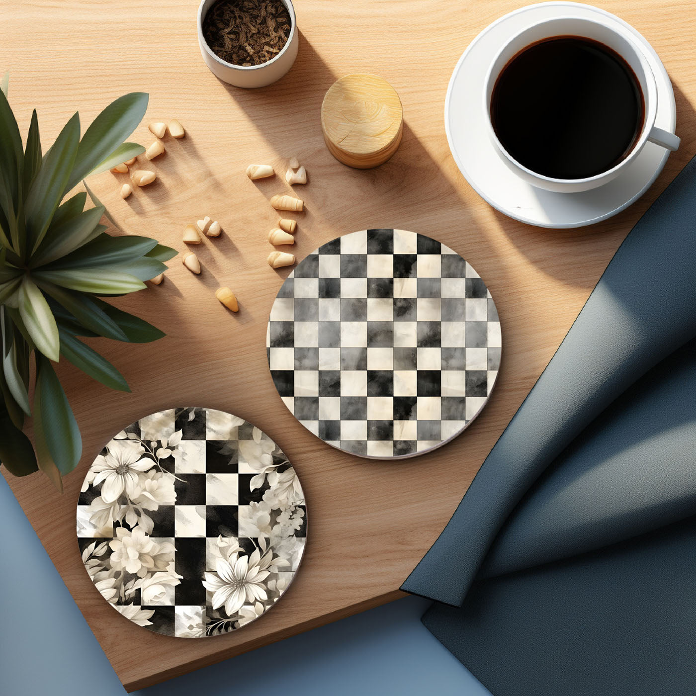 Spring Ceramic Coasters Set of 4 Courtly Check Designs Absorbent Drink Coasters for Table Protection