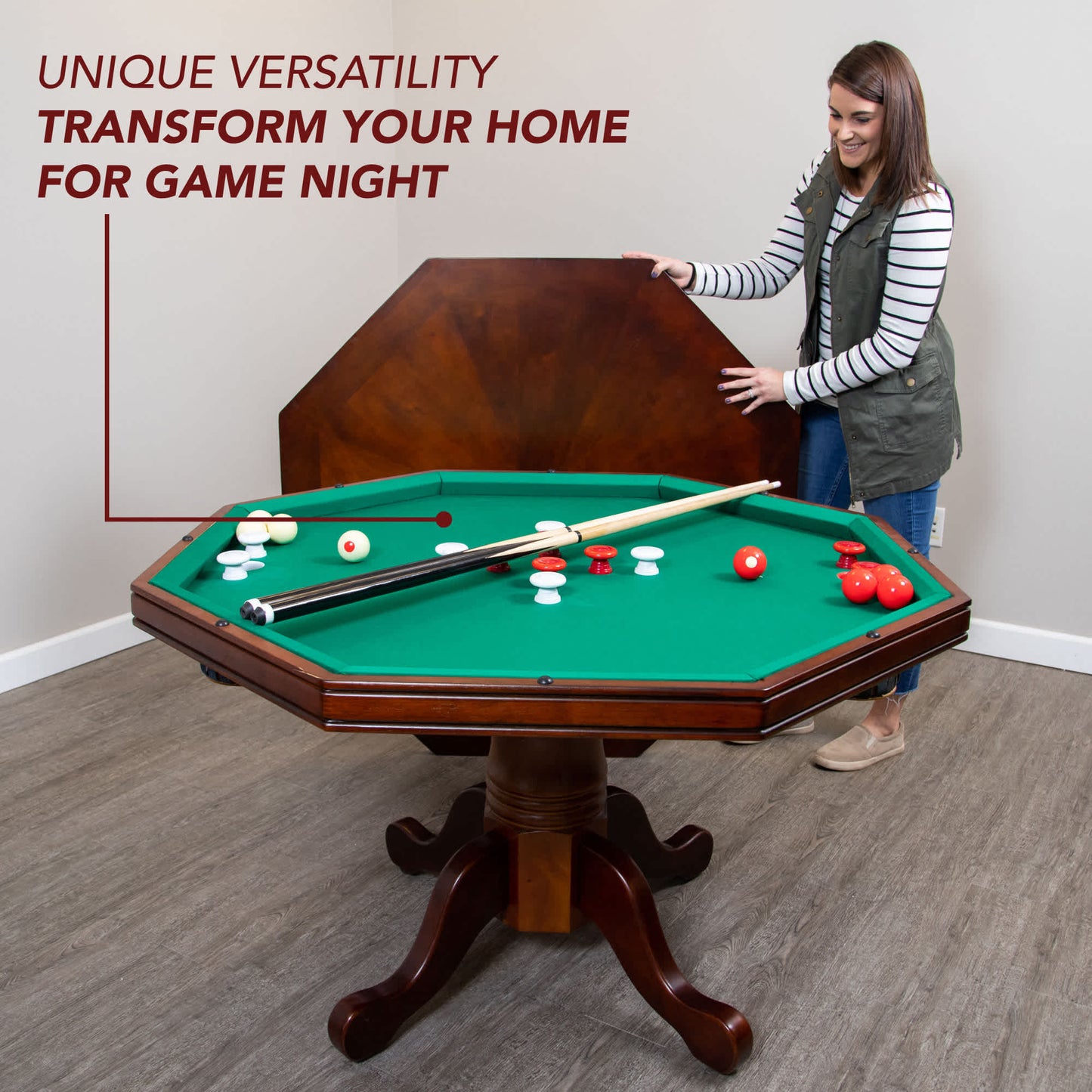 *PRE ORDER* 48-in Poker Table, Bumper Pool Combo Set with 4 Arm Chairs - Dark Wood Finish