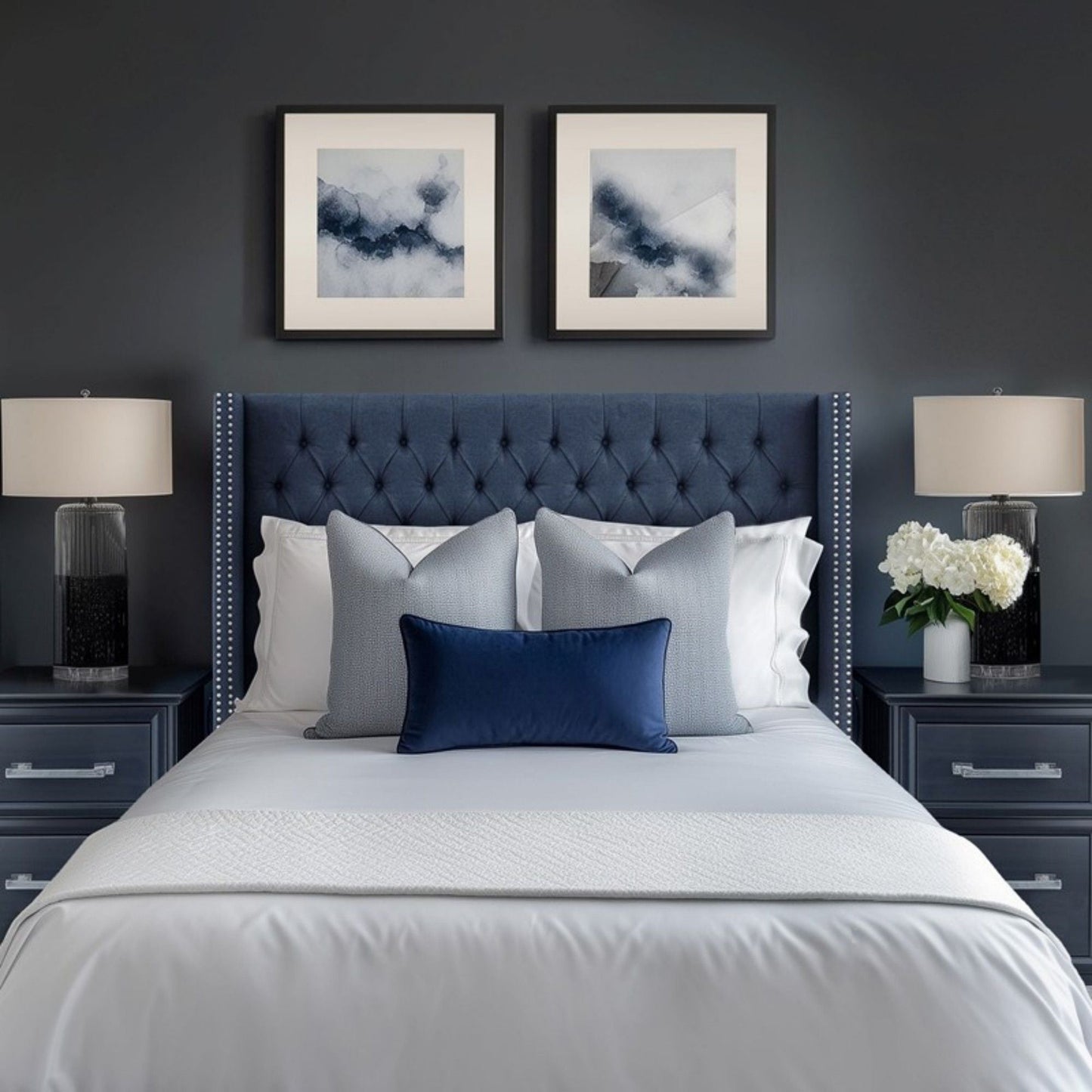Transitional Upholstery Headboard With Tufted Buttons And Nailhead Trim