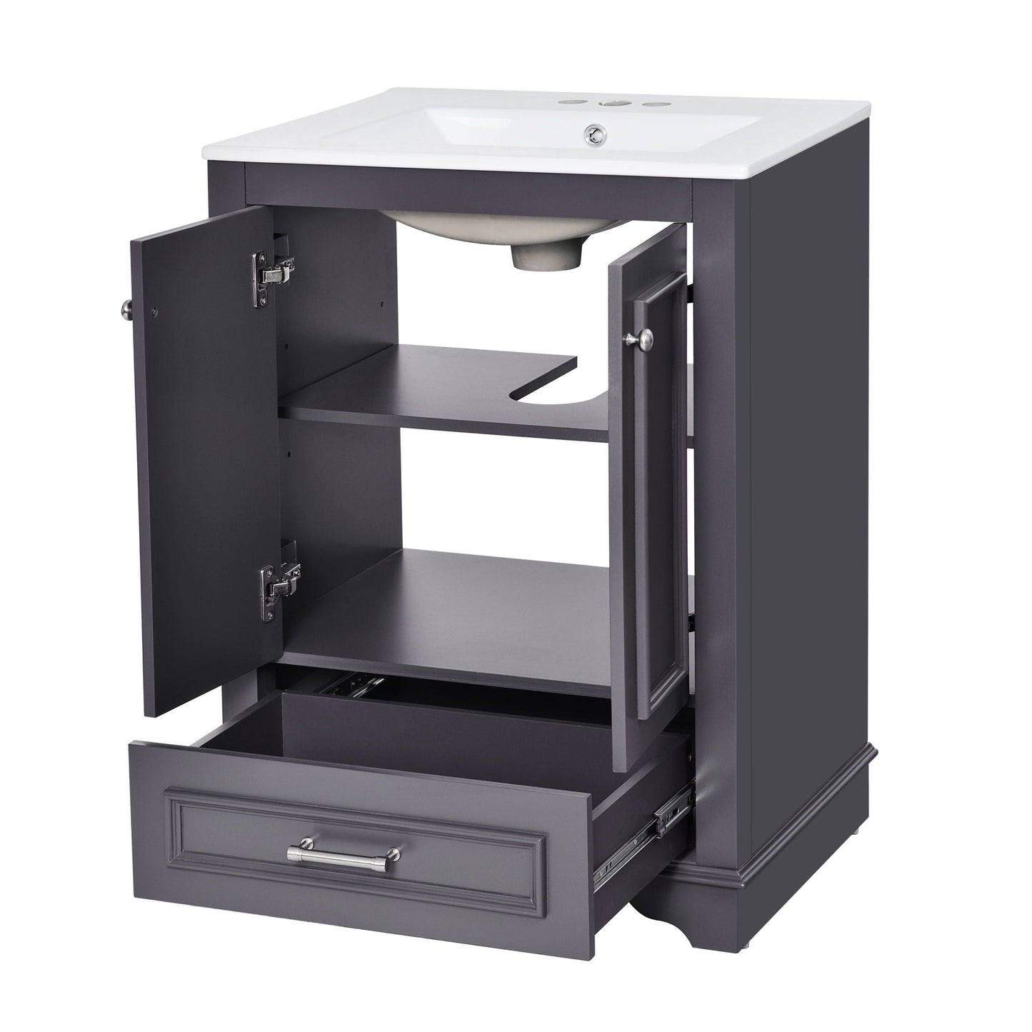 Bathroom Vanity With Ceramic Sink Combo, Modern Freestanding Storage Cabinet With Silver Handles