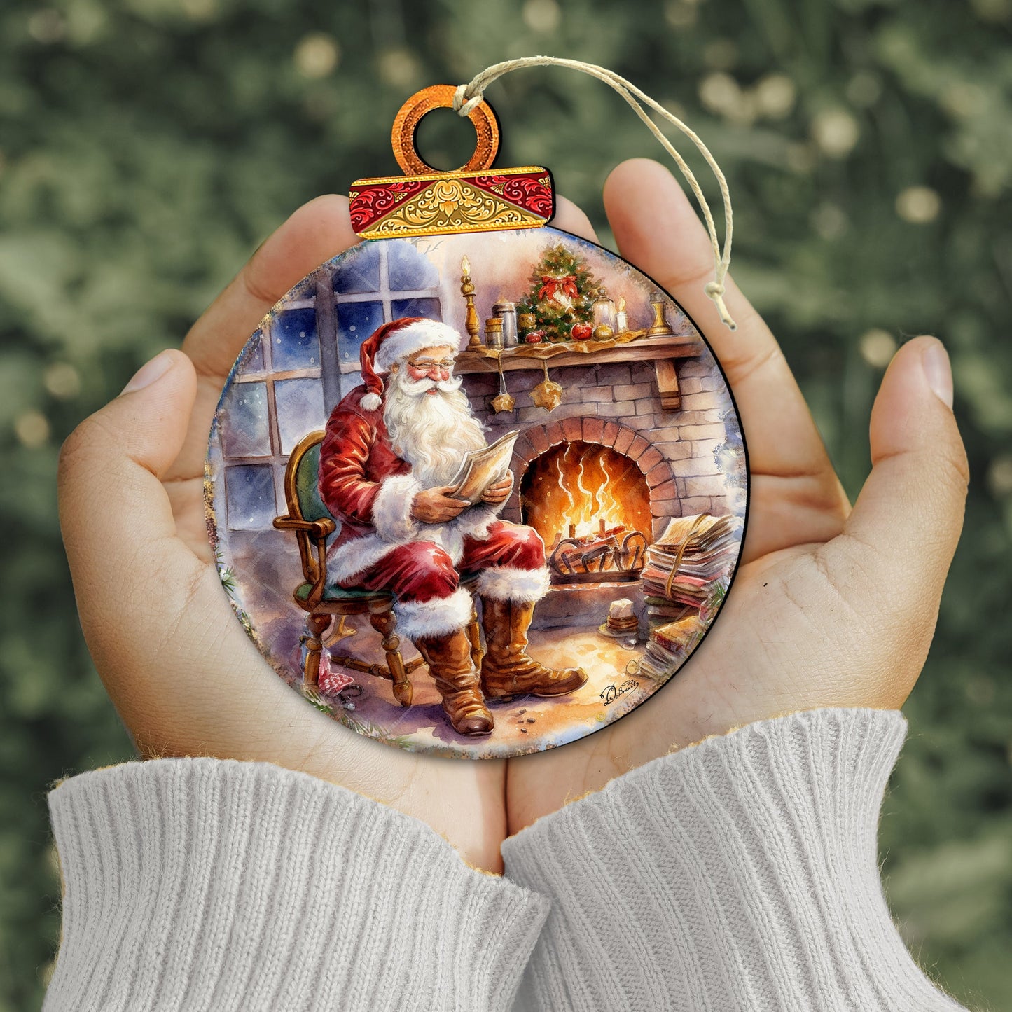 Santa at the Fireplace Wooden Ornaments by G. Debrekht Christmas Santa Snowman Decor - 8611089