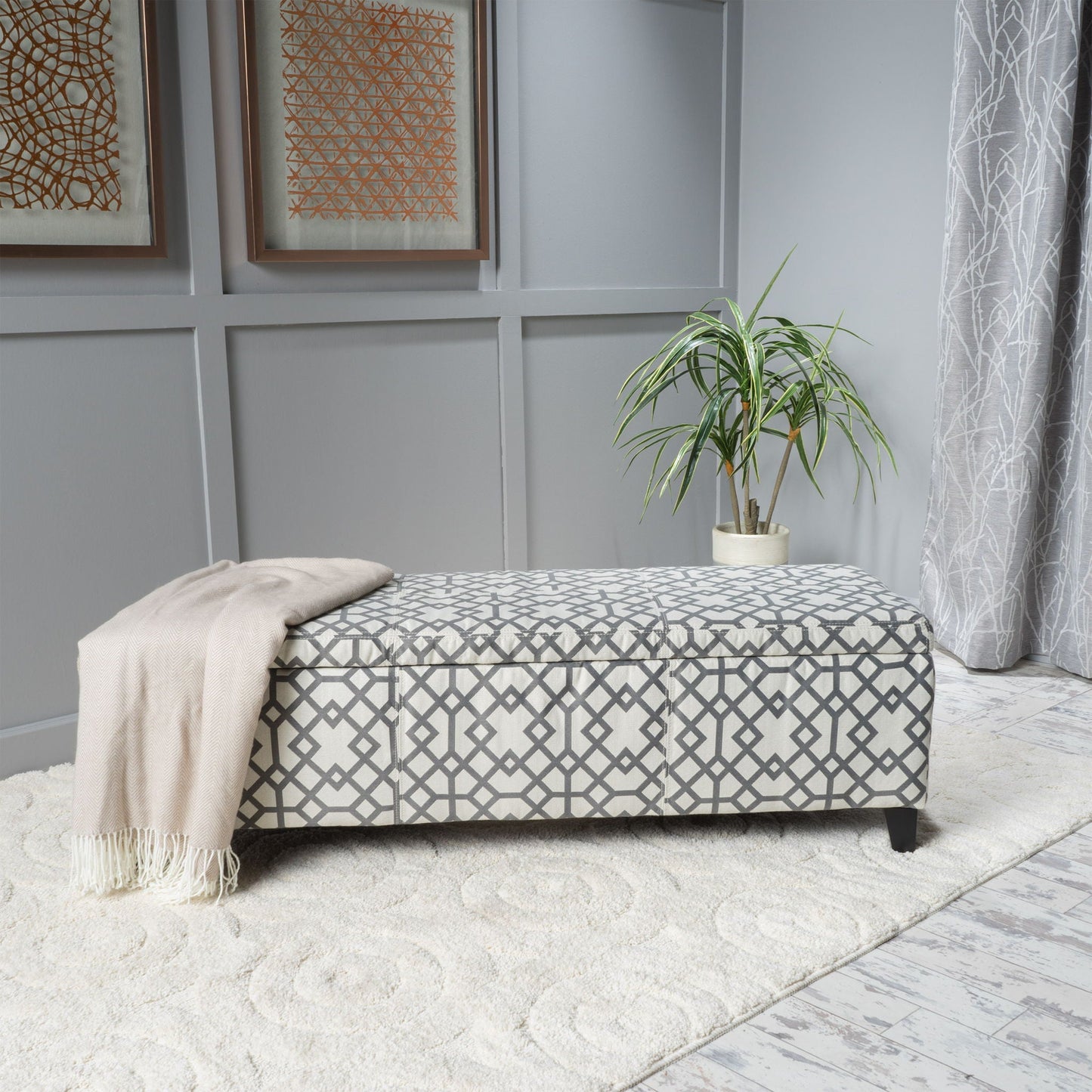 Quotient Upholstered Storage Ottoman With Tapered Block Feet - Gray / White
