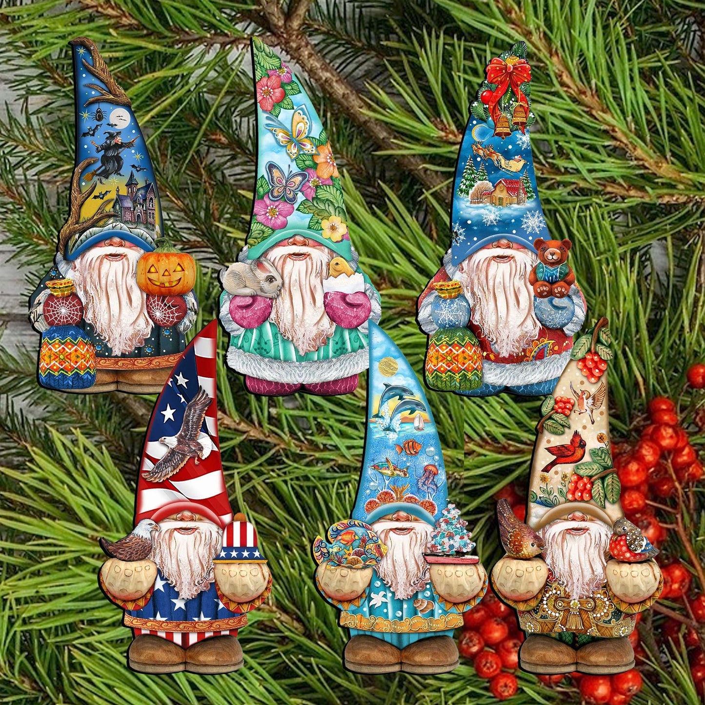 Holiday Gnomes Clip-On Eco Wood Decorative Ornaments Set of 6 by G. Debrekht  - Christmas Decor - 8090138C-S6