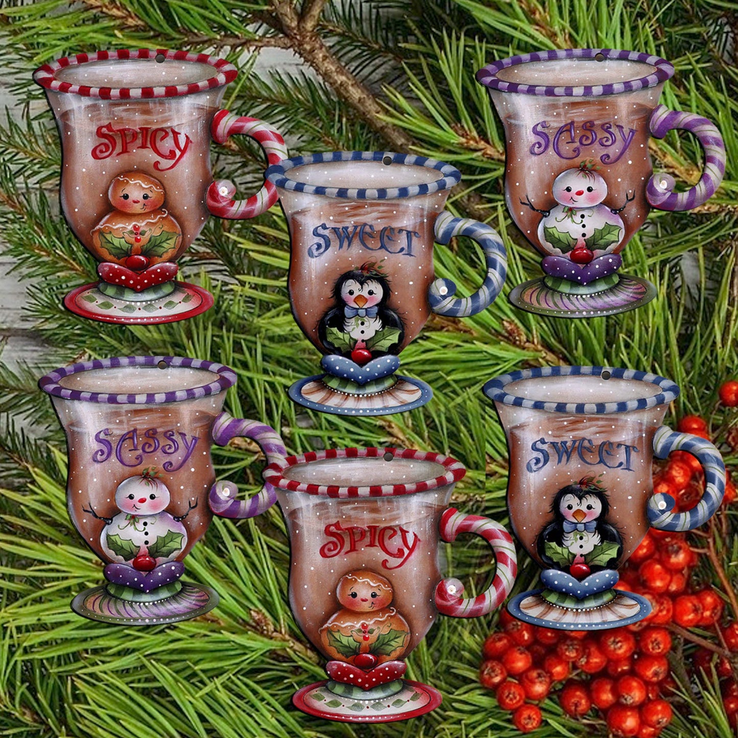 Sweet and Spicy Season Clip-On Eco Wood Decorative Ornaments Set of 6 by Jamie Mills-Price - Christmas Decor - 8090053C-MP-S6