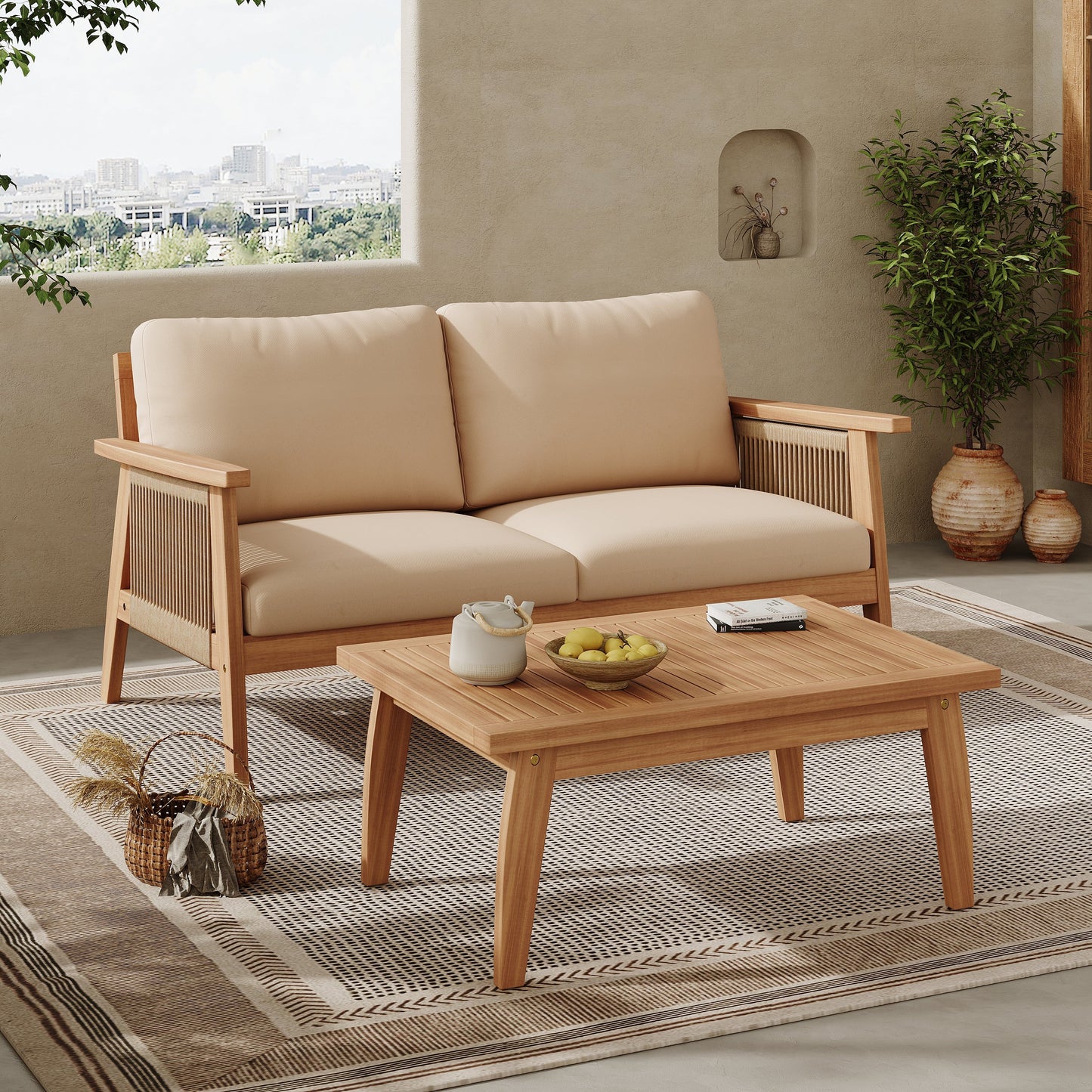 Outdoor 2pc Acacia Wood and Rope Patio Chat Set
