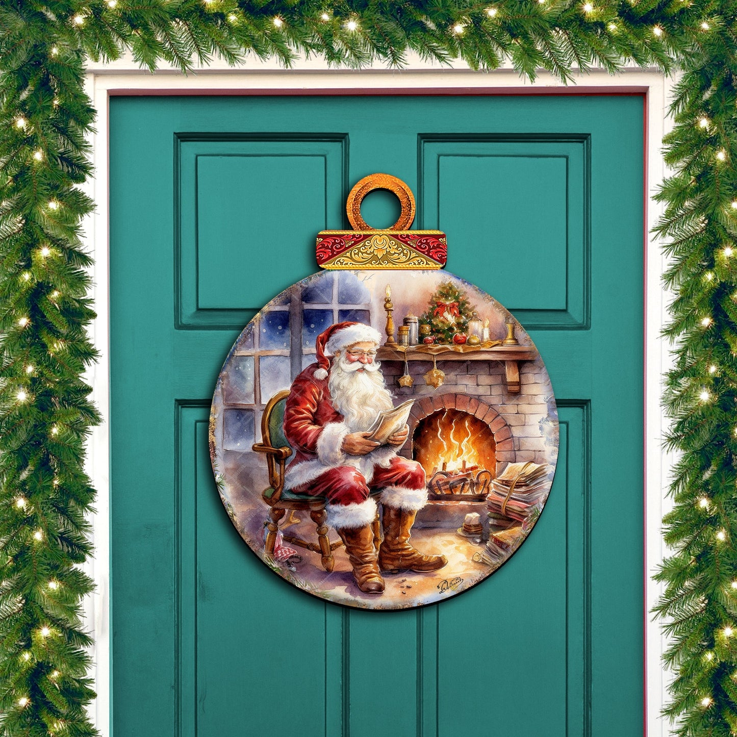 Santa at the Fireplace Holiday Door Decor by G. Debrekht - Christmas Santa Snowman Decor - 8611089H