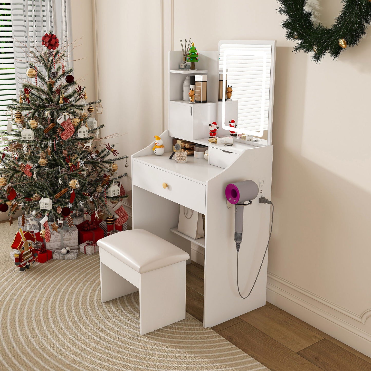 LED Vanity Mirror With Stool, 2 Drawers & 5 Storage Cabinets, Adjustable Lighting Mdf Dressing Table For Bedroom - White