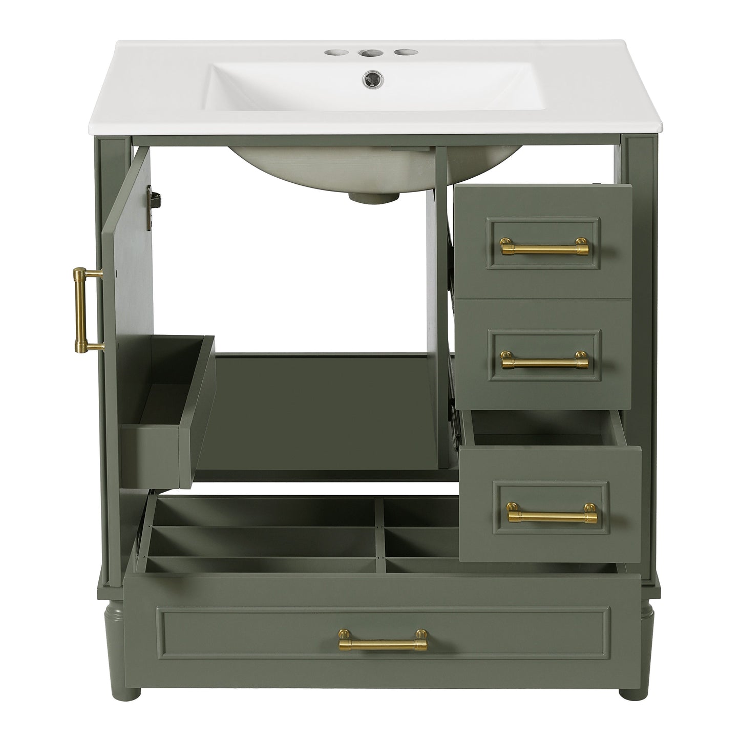 Elegant Olive Green 30' Bathroom Vanity with Ceramic Sink and Ample Storage, Solid Wood and MDF Construction