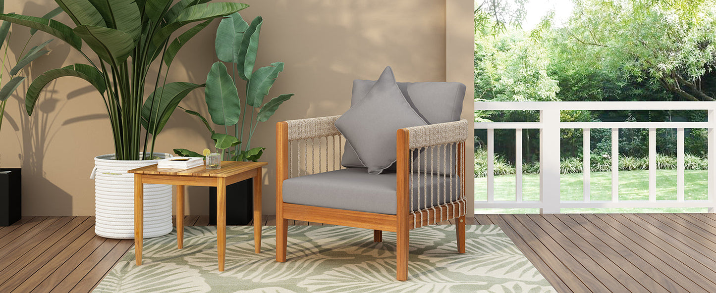 Acacia Wood Outdoor Club Chair with Handwoven Rope Accents & Curved Backrest