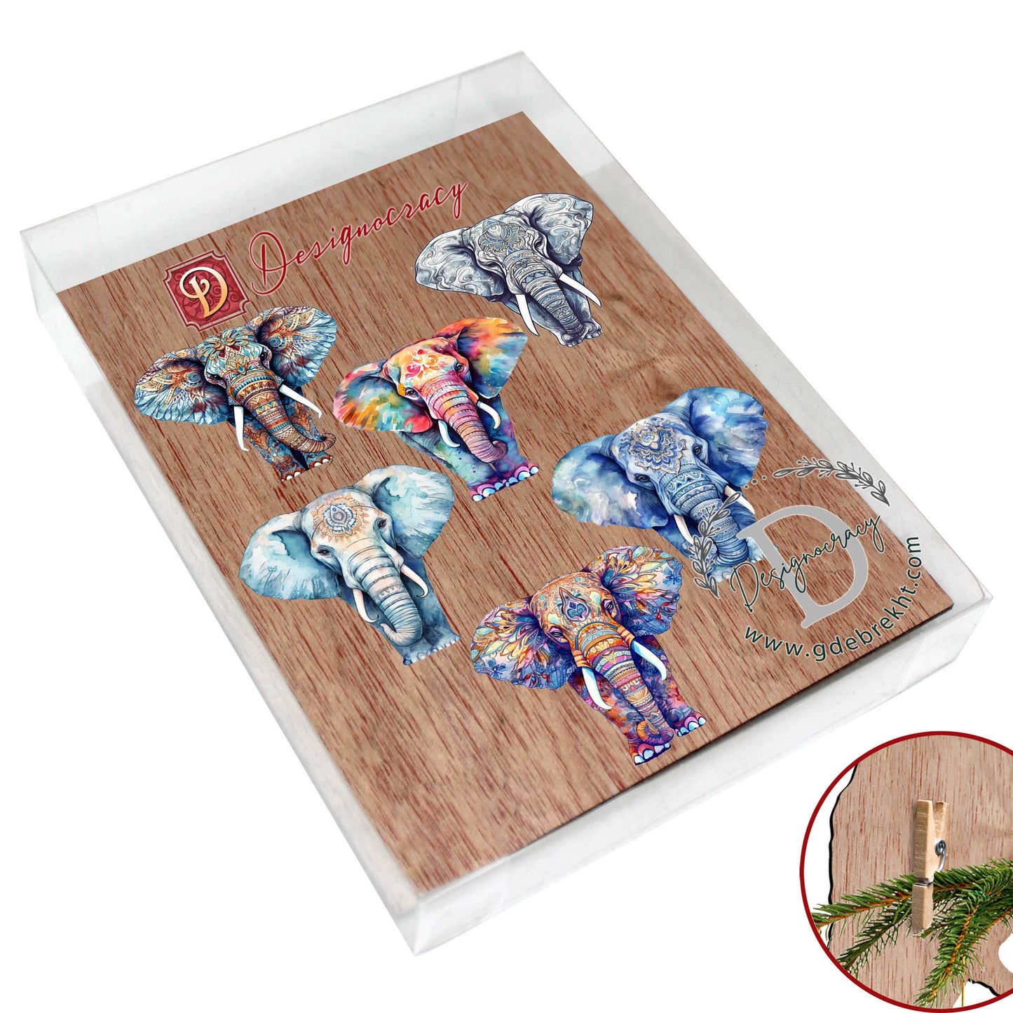 Elephants Clip-On Eco Wood Decorative Ornaments Set of 6 by G. Debrekht - Christmas Decor - 8090036C-S6