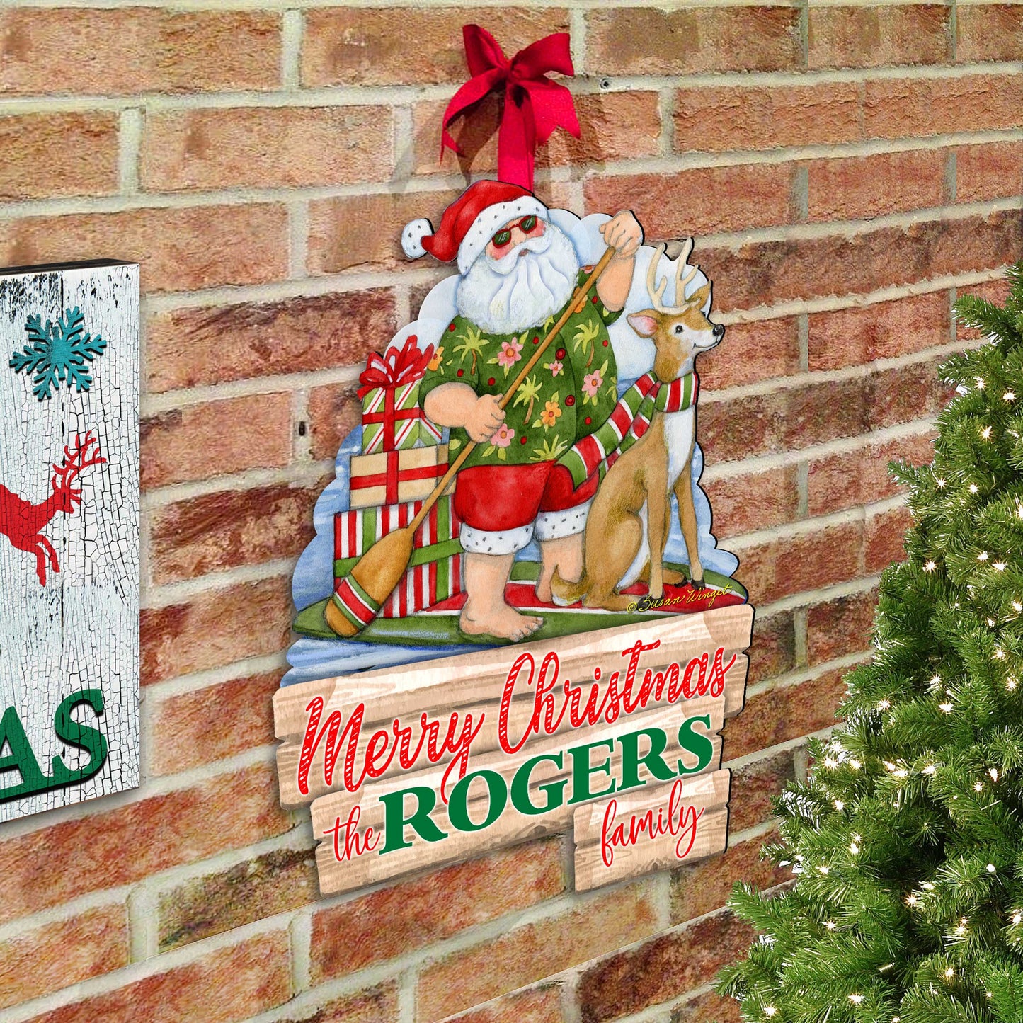 Christmas Decoration Personalized Holiday Welcome Sign with Last Name Santa Door Hanger by Susan Winget - Handmade Gift - 8471114HC-SW