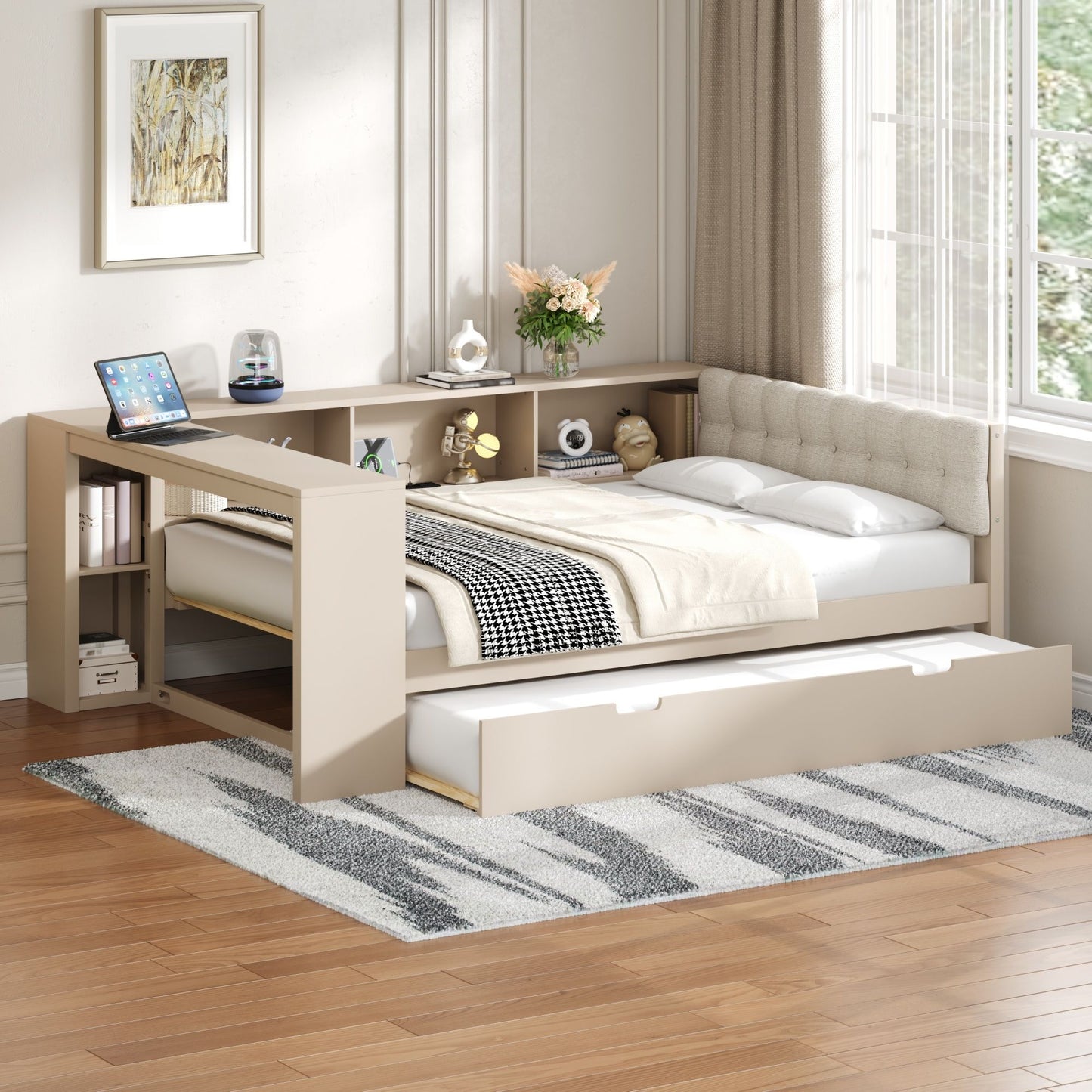 Upholstered Headboard Platform Bed with Storage Shelves, Trundle, and Charging Station