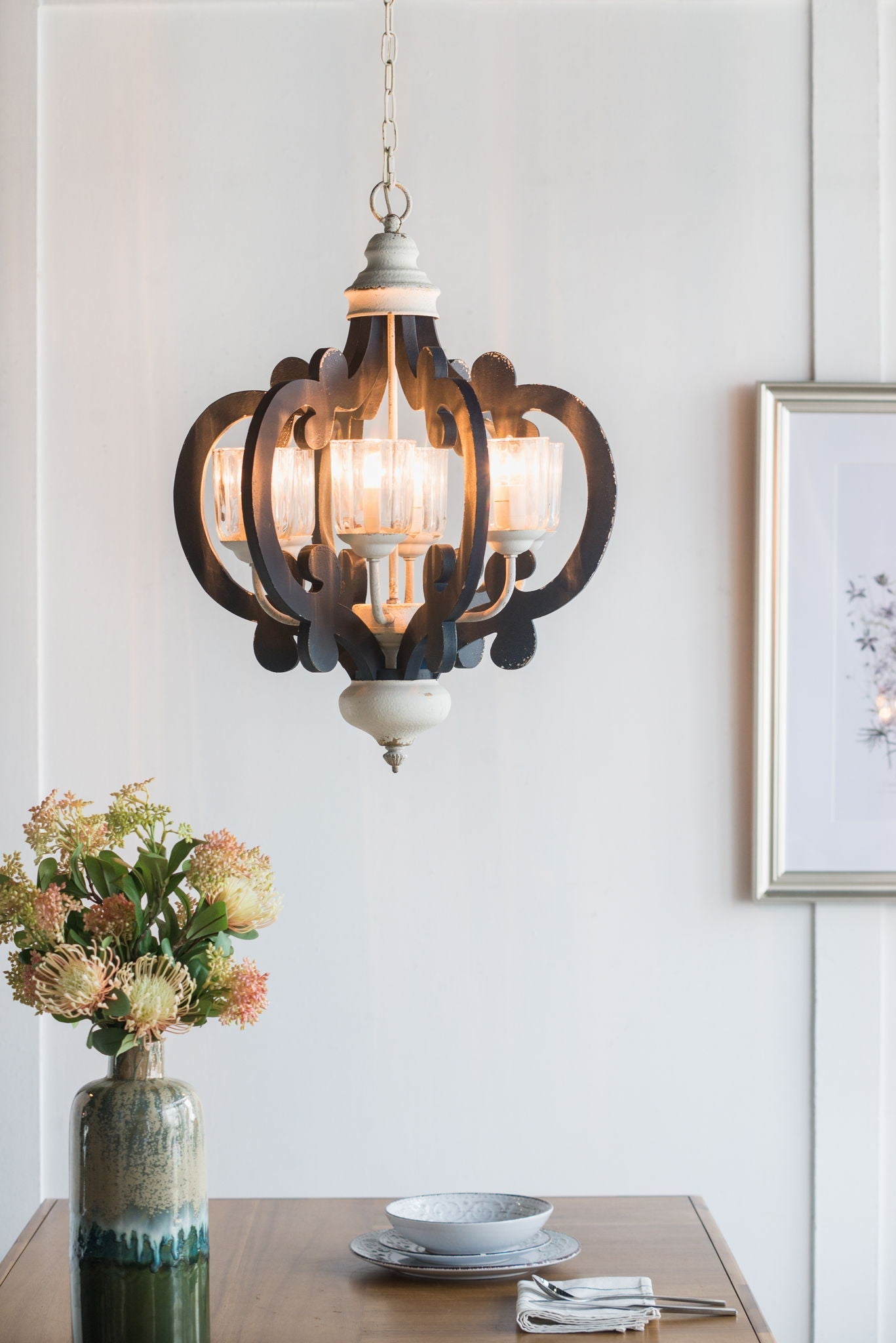 Wood Chandelier 6 Light Farmhouse Pendant Lighting Wood Hanging Light Fixture For Kitchen Living Dining Room, Bulb Not Included - Cream