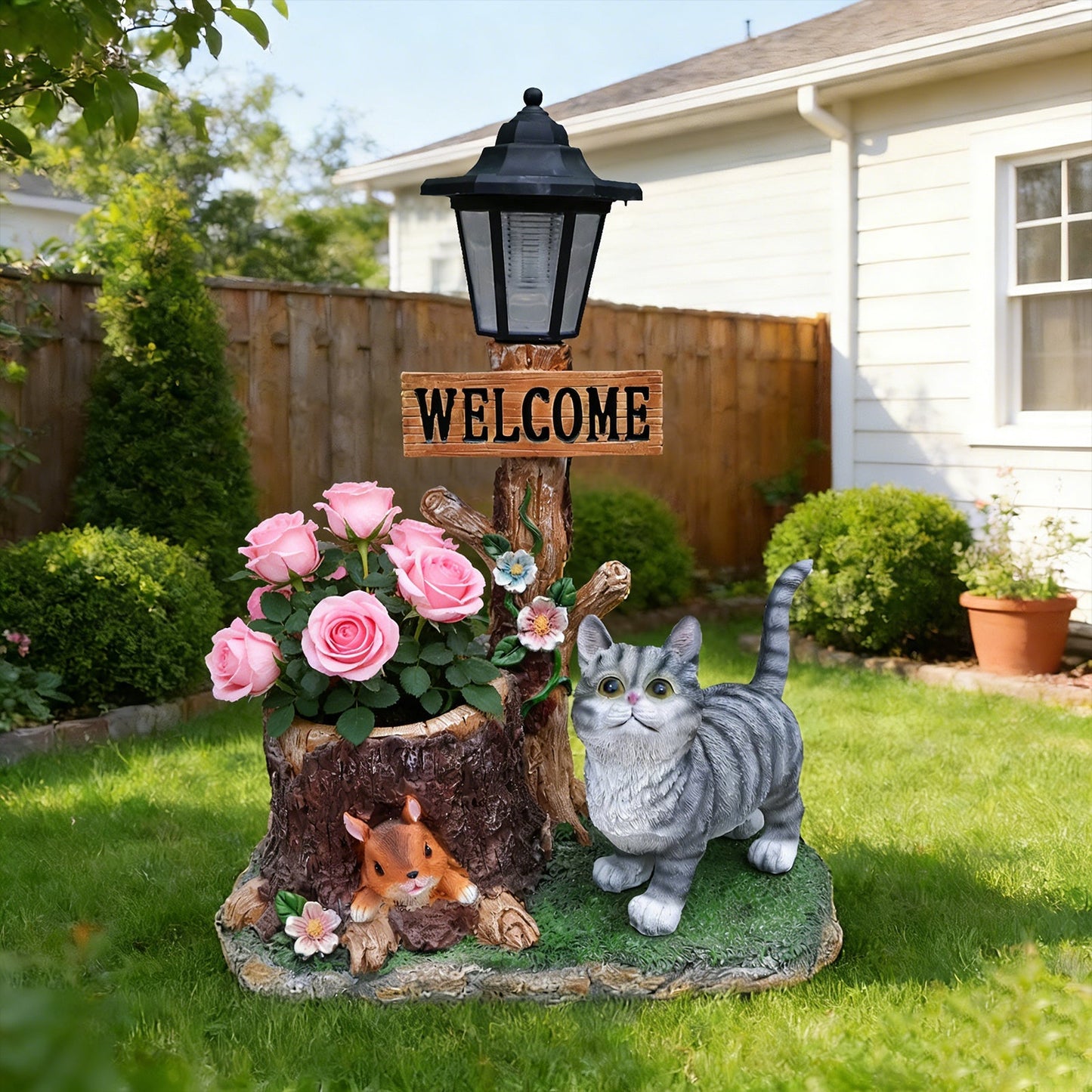 Cat Solar Planter Statue for Outdoor Decor