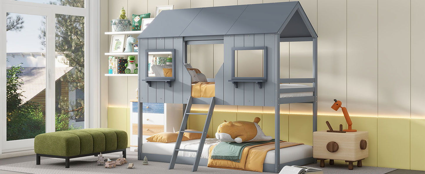 Twin Over Twin Bunk Bed With Roof, Window, Guardrail, Ladder