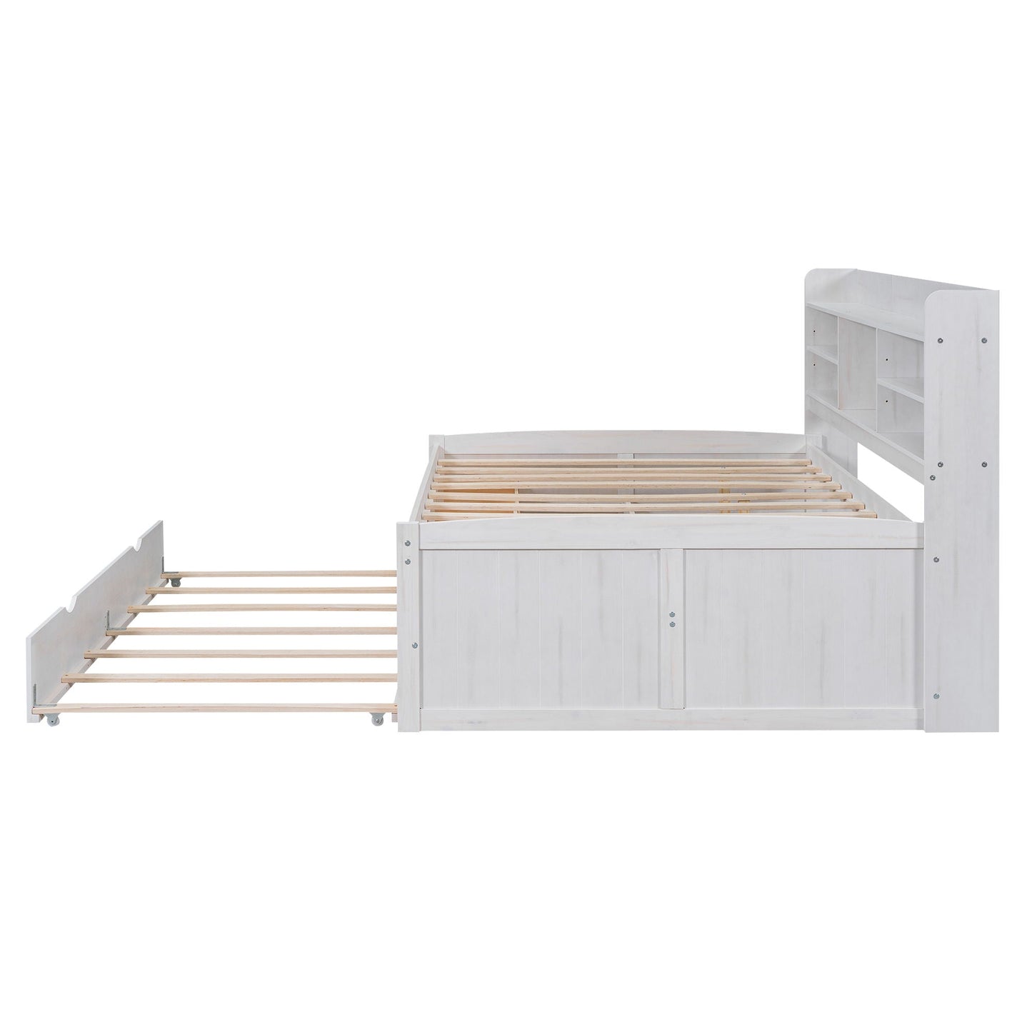 Captain Bed With Built In Bookshelves, 3 Storage Drawers, And Trundle