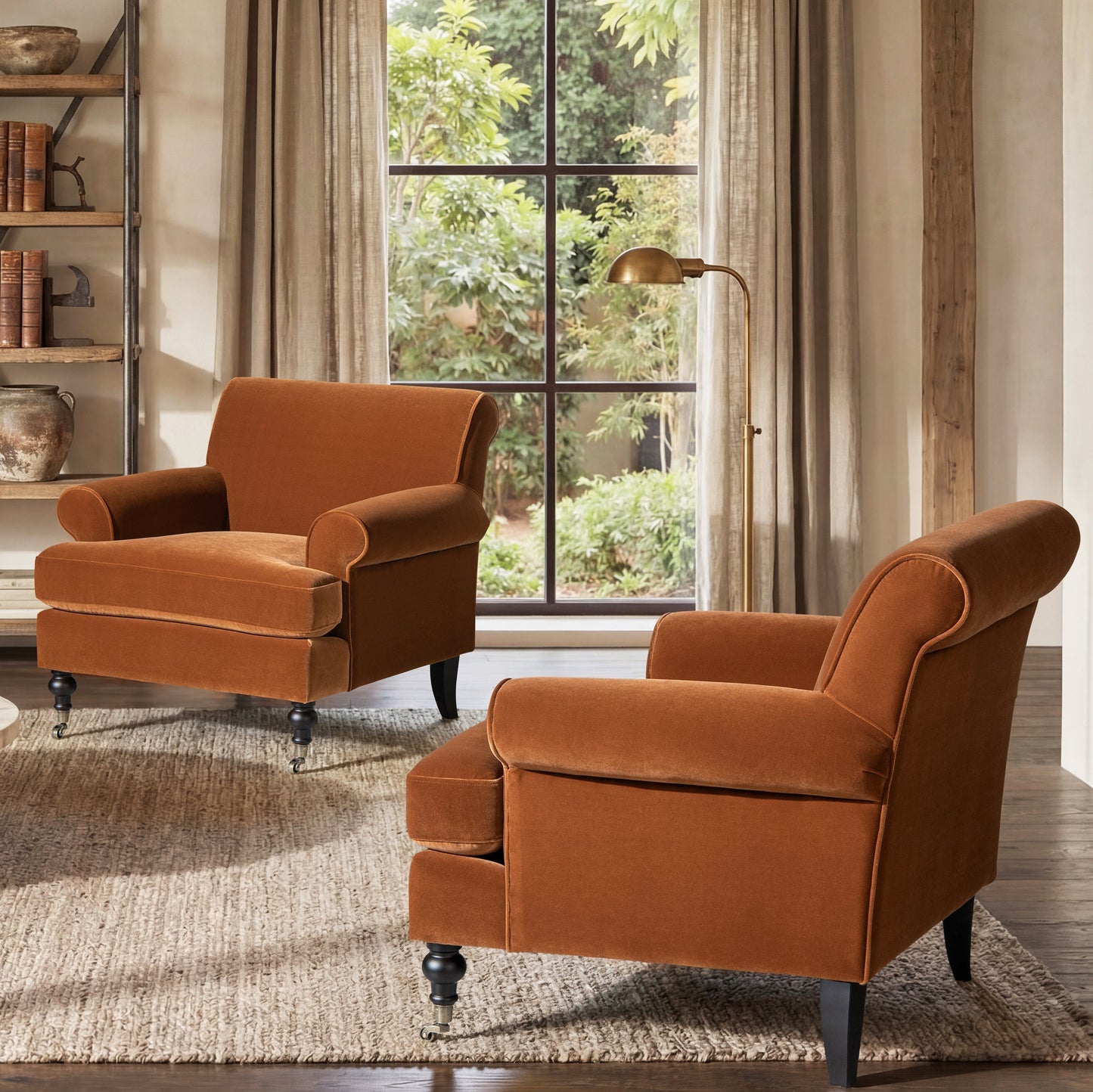 Alana 38' Lawson Accent Arm Chair Metal Casters, Burnt Orange Performance Velvet