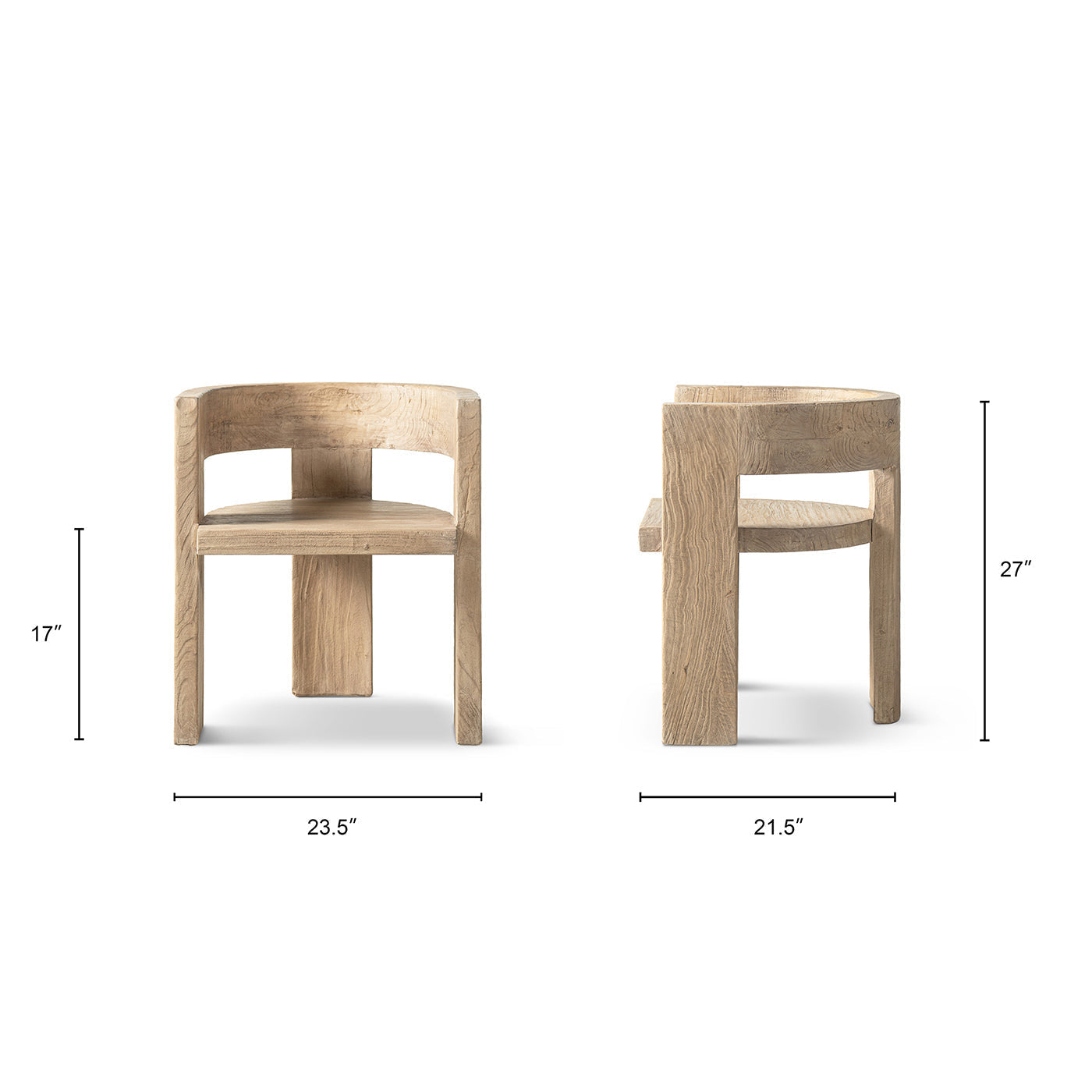 Soren Solid Reclaimed Elm Sculptural Accent Curved Dining Chair, Heritage Light Natural Brown