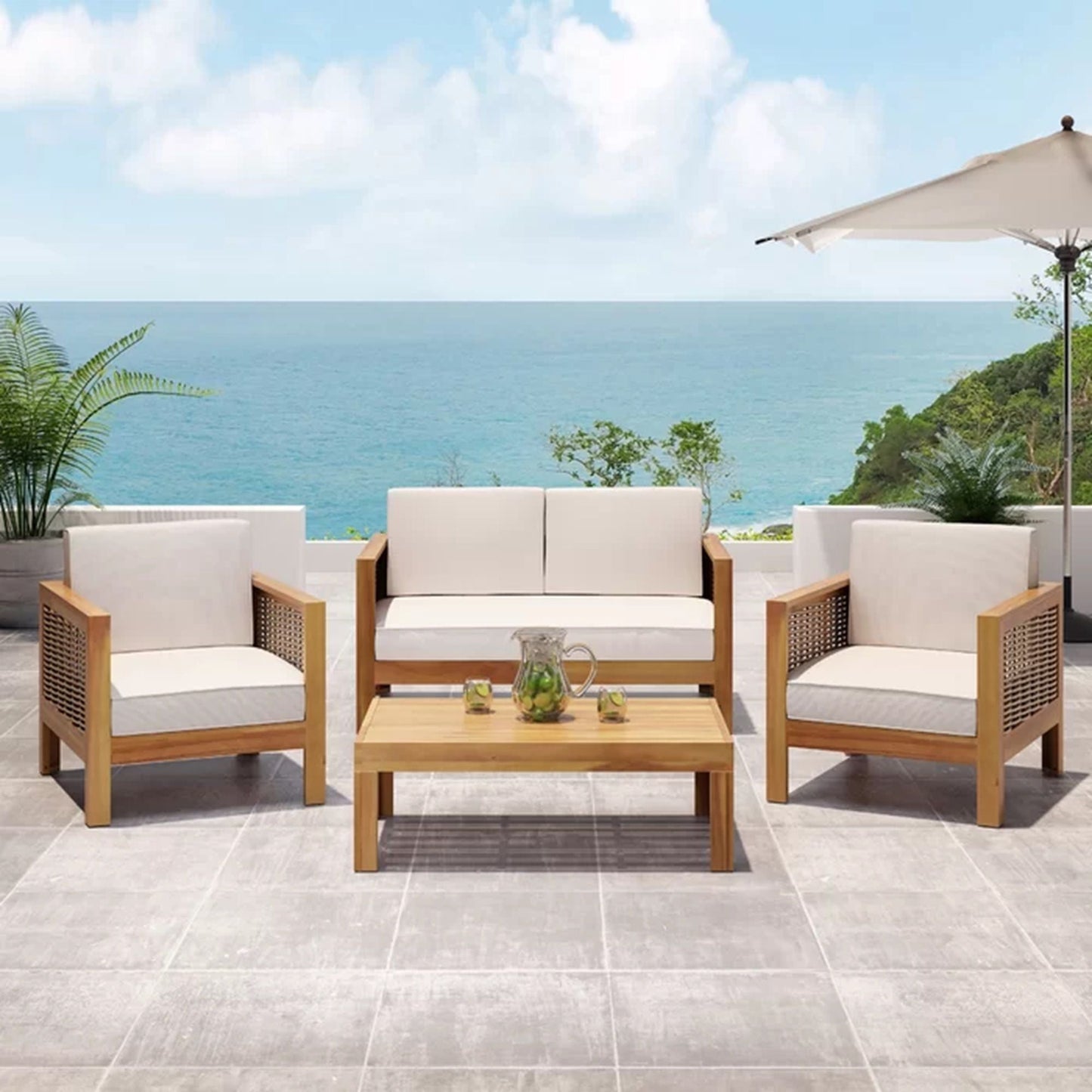 Outdoor 4 Seater Acacia Wood Chat Set With Wicker Accents And Cushions
