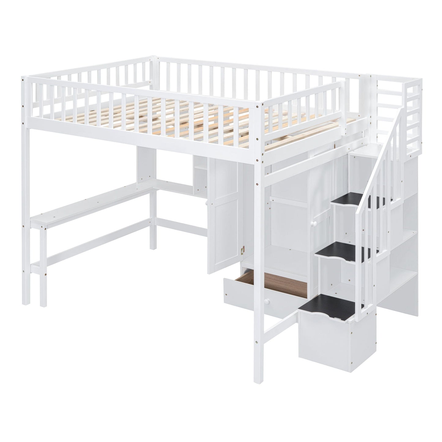 Loft Bed With Bookshelf, Drawers, Desk, And Wardrobe