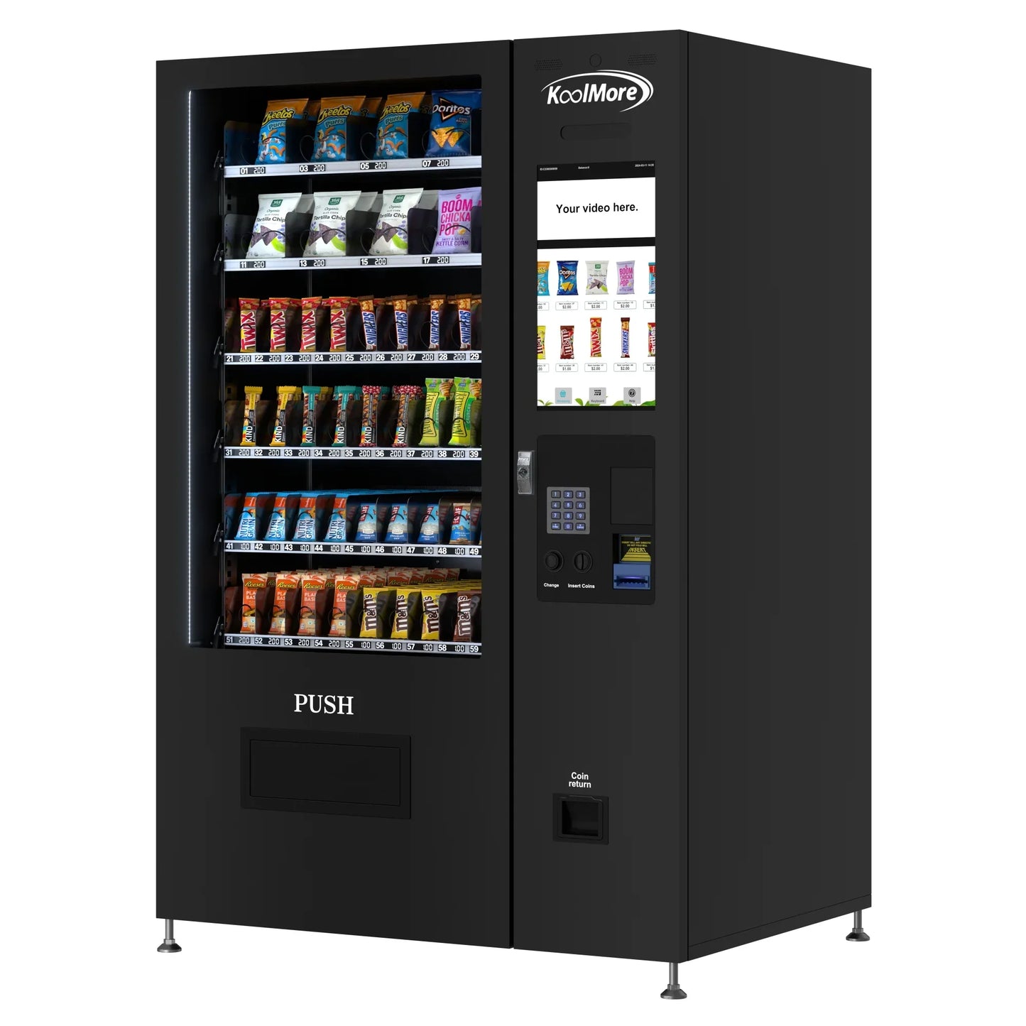 Kool More 50 in. 60-Slot Snack Vending Machine with 22-inch Touch Screen in Black, Non-Refrigerated.