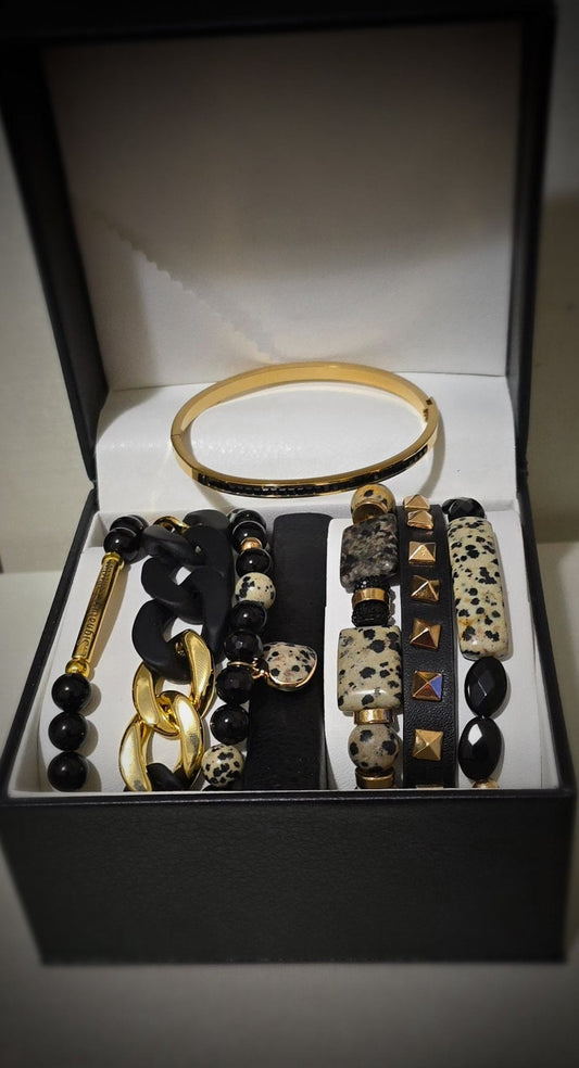 Dalmatian Jasper and Onyx Stacked Bracelet set