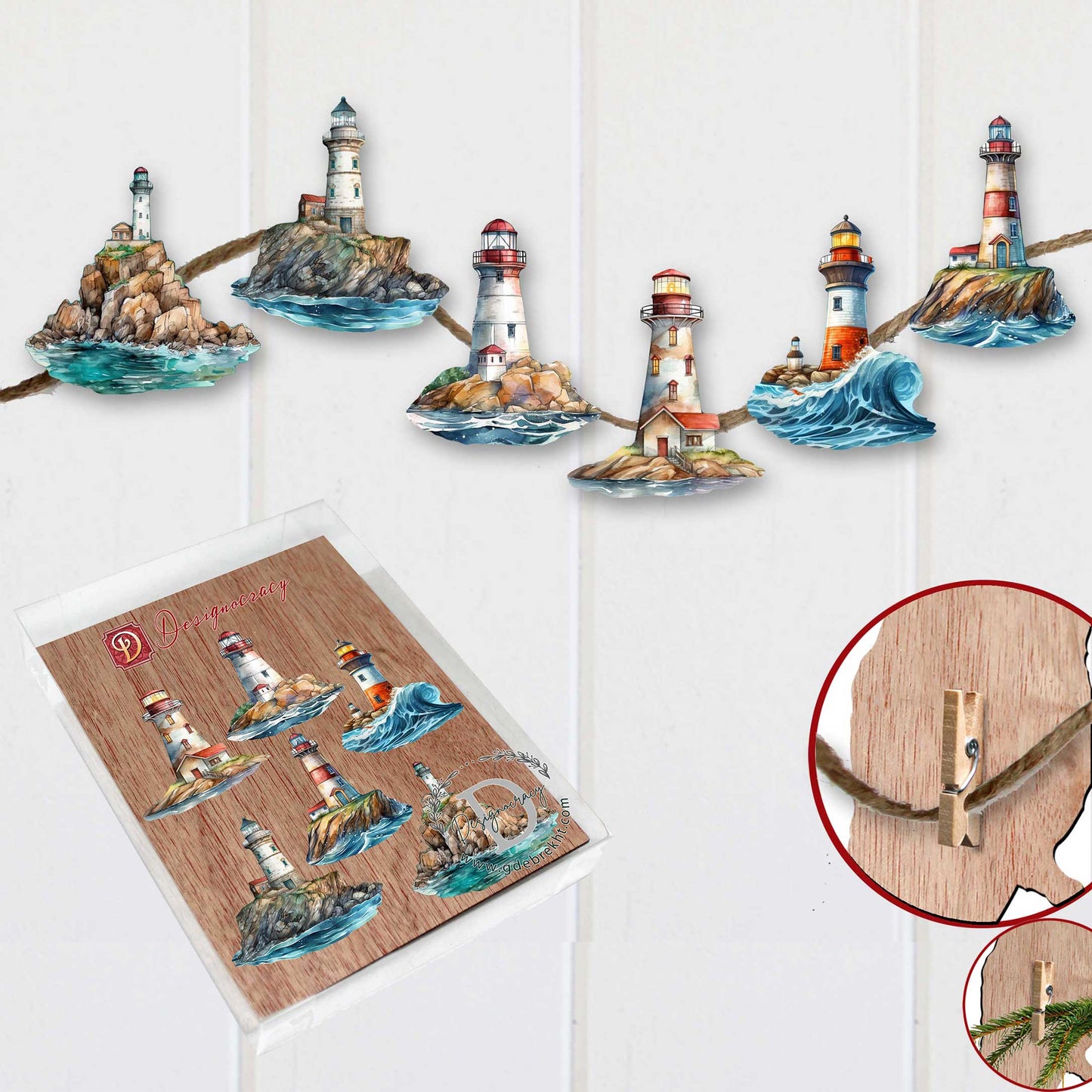 Lighthouse Clip-On Eco Wood Decorative Ornaments Set of 6 by G. Debrekht - Coastal Decor - 8090022C-S6