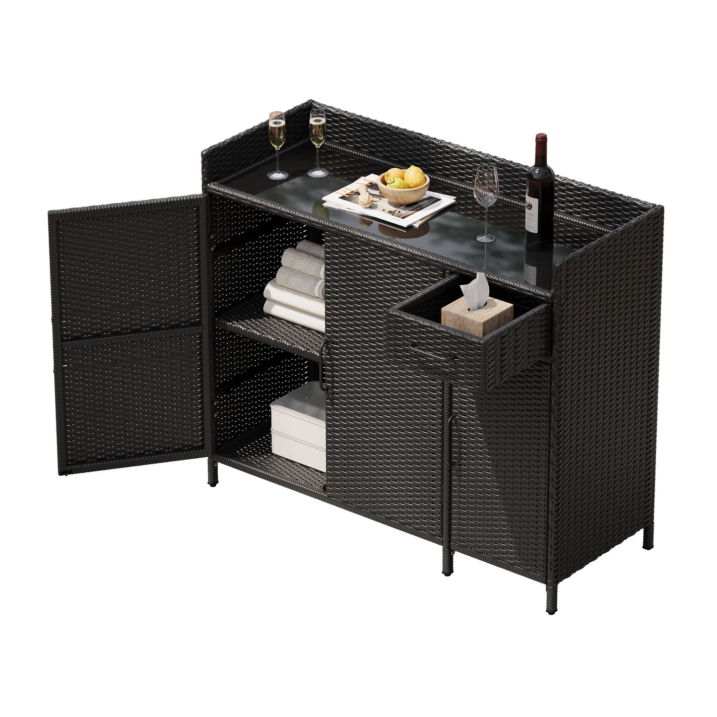 K&K 47.5"W Wicker Outdoor Storage Cabinet with Tempered Glass Top