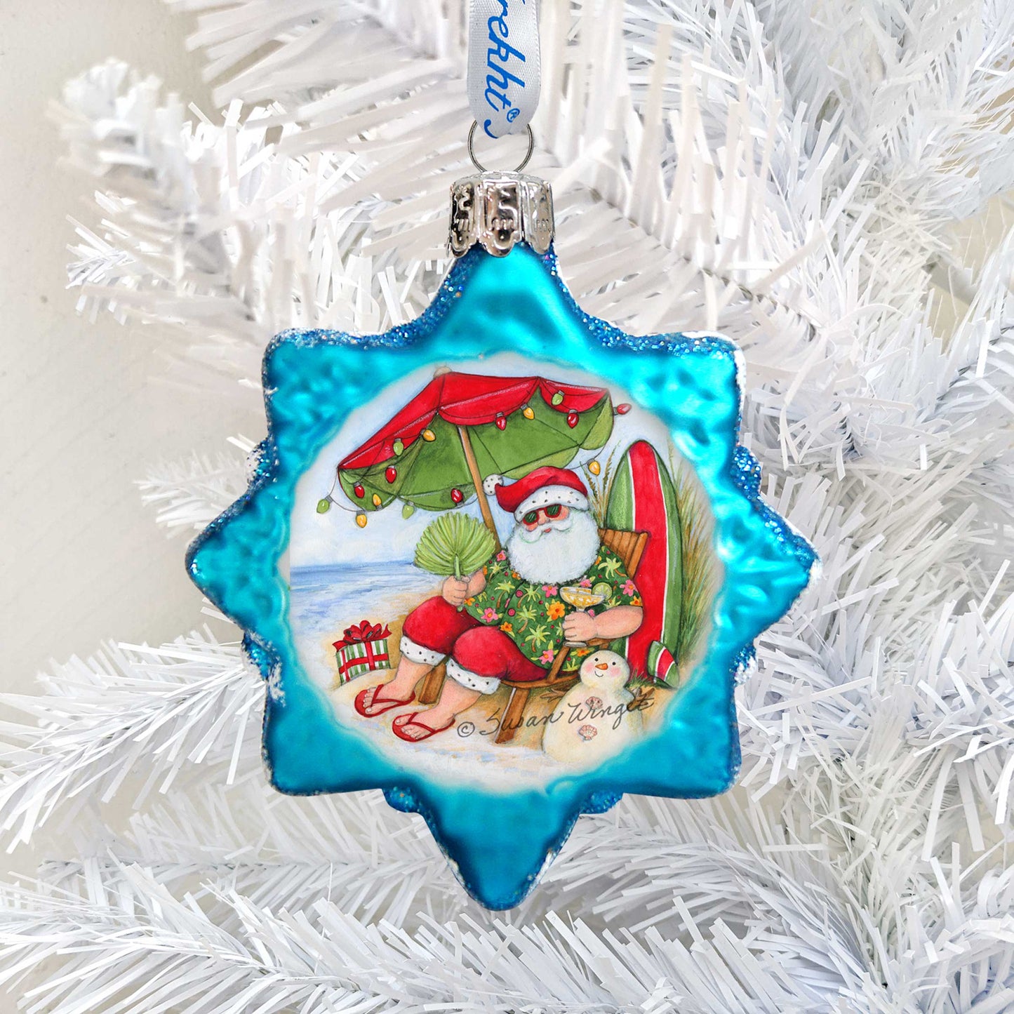 Christmas at the Beach Mercury Glass Ornaments Set of 3 by Susan Winget - Santa and Snowman Decor