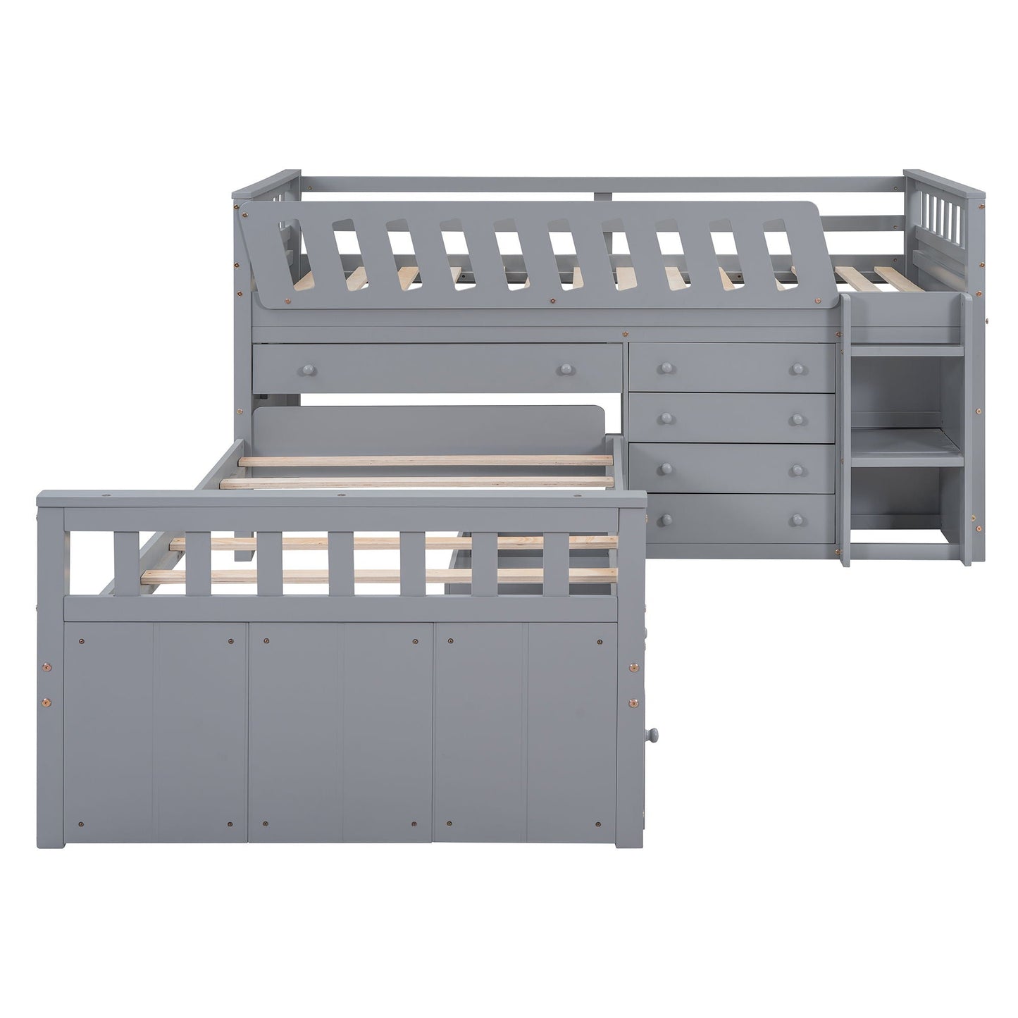 Loft Platform Bed With 7 Drawers And Full Guardrails, Modern L Shaped Space Savin