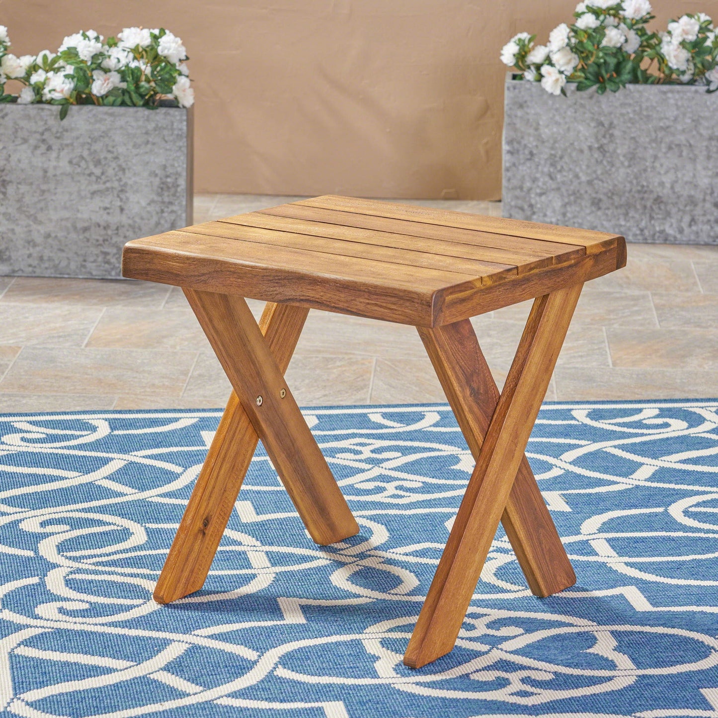 Passion Outdoor Side Table With Cross Base and Slatted Top - Teak